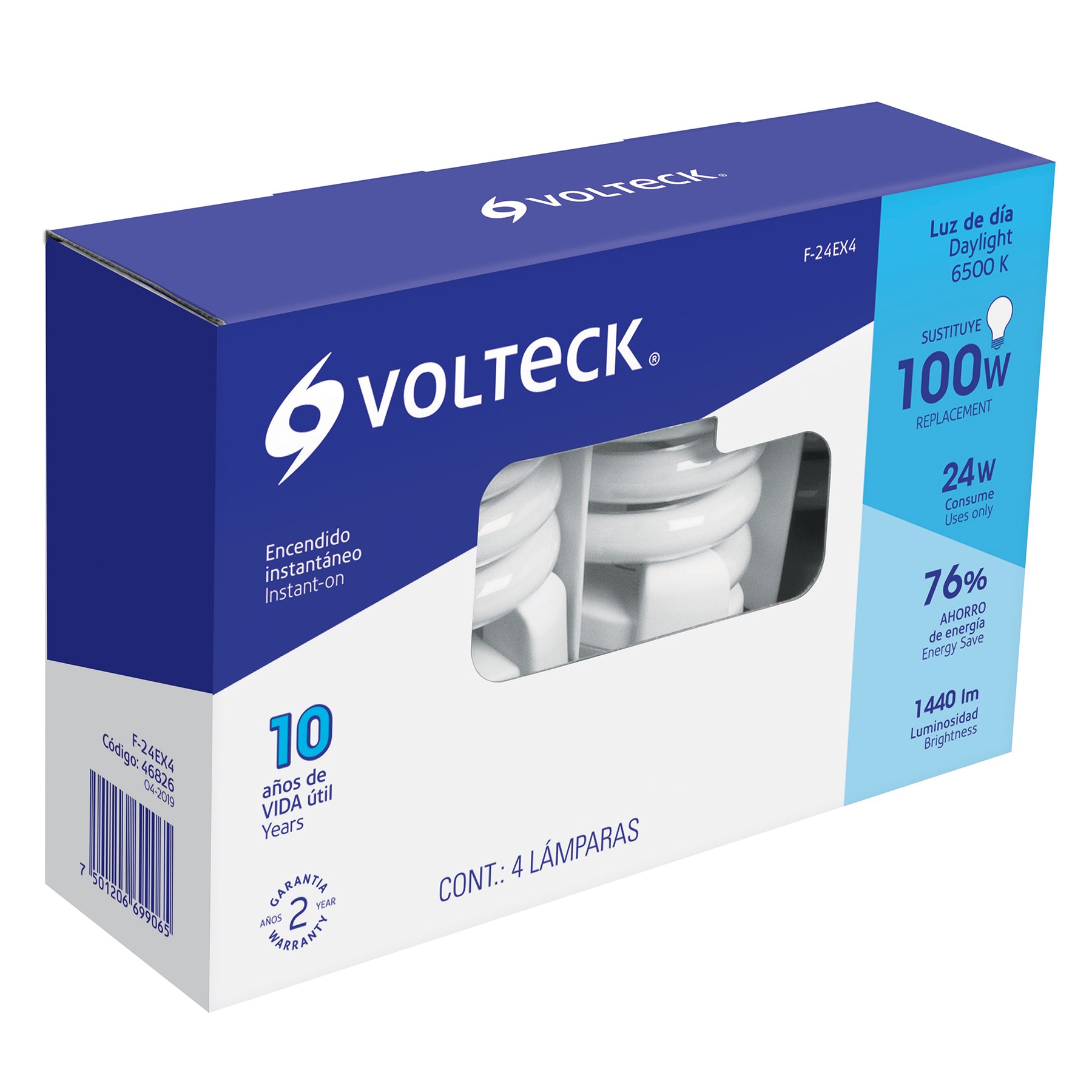 Pack 4 lámparas espiral T4 24 W luz de día, caja, Volteck