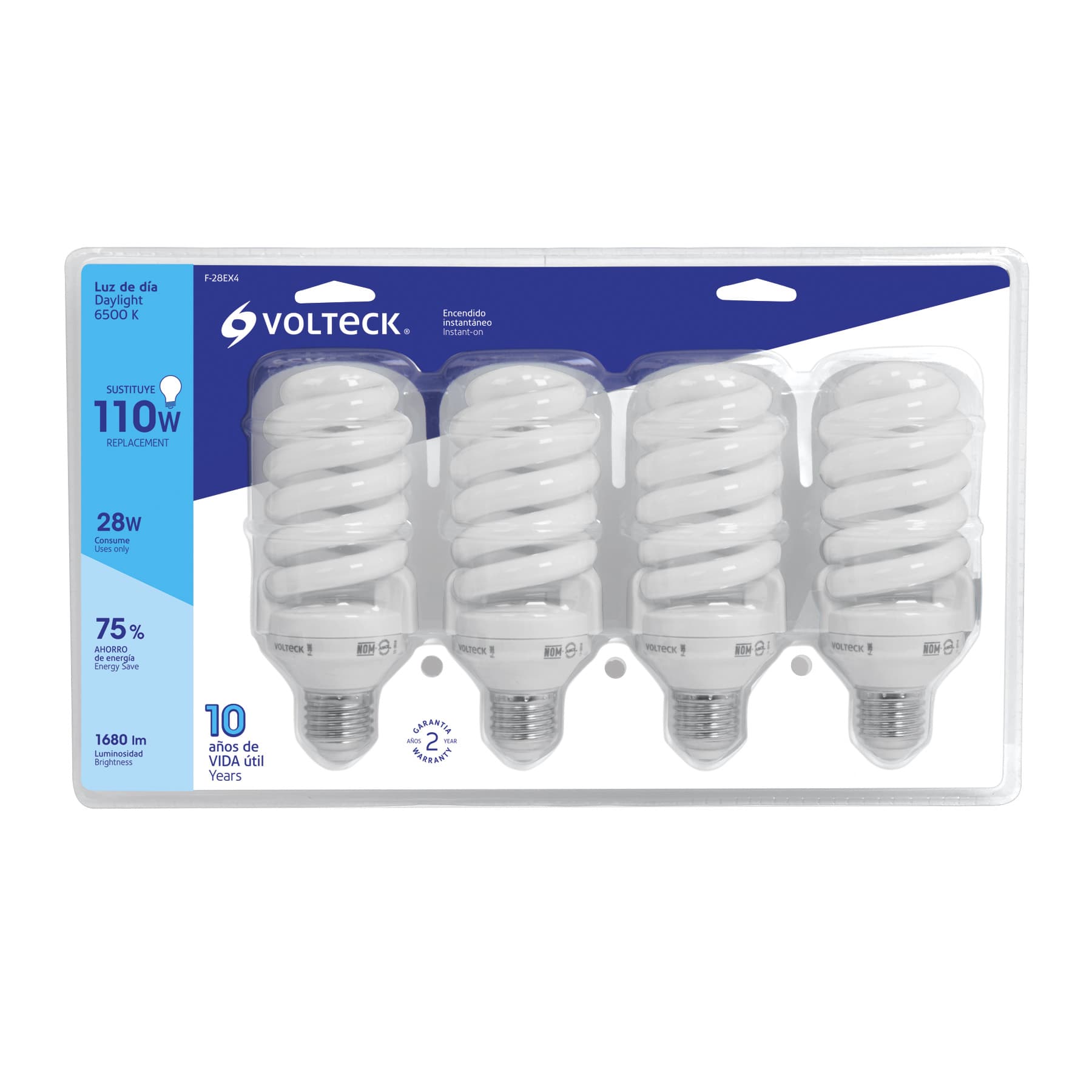 Pack 4 lámparas espiral T4 28 W luz de día, caja, Volteck