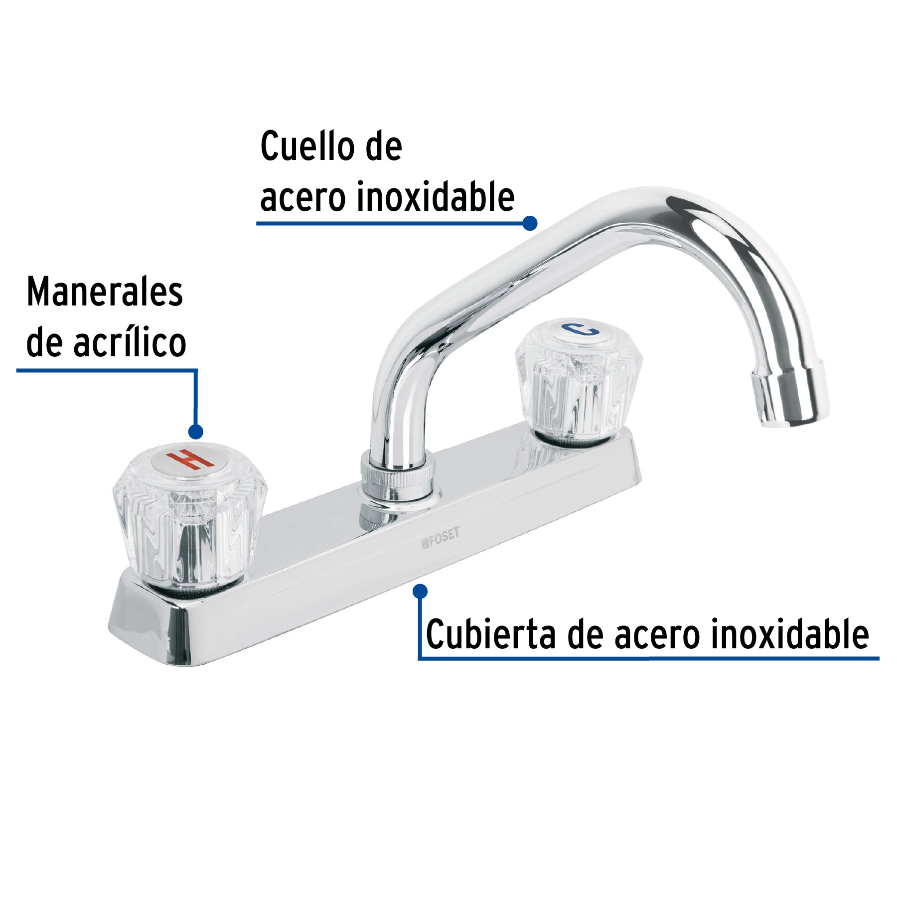Mezcladora 8" fregadero cromo, cuello corto, acrílico, BASIC