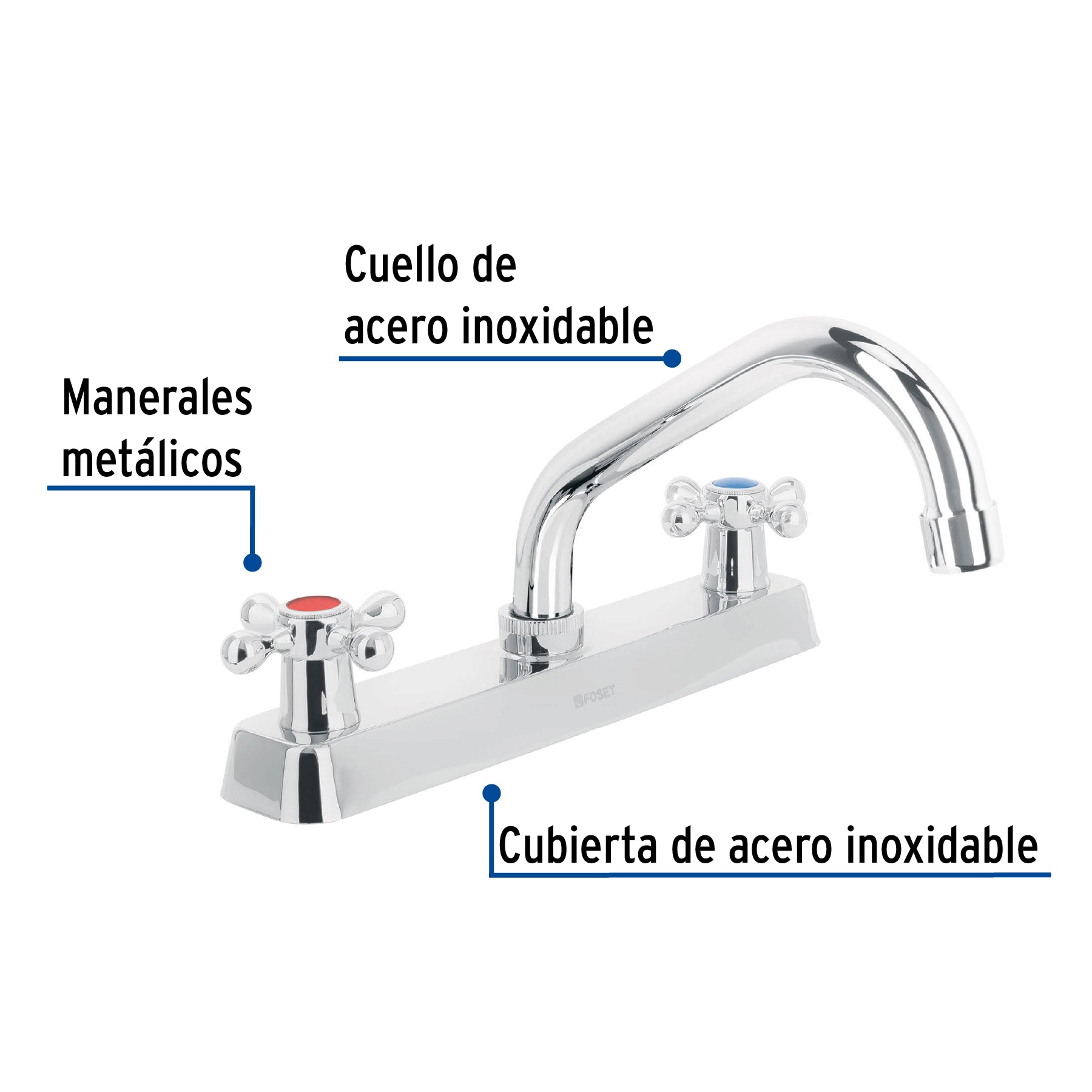 Mezcladora 8" fregadero cromo, cuello corto, cruceta, BASIC