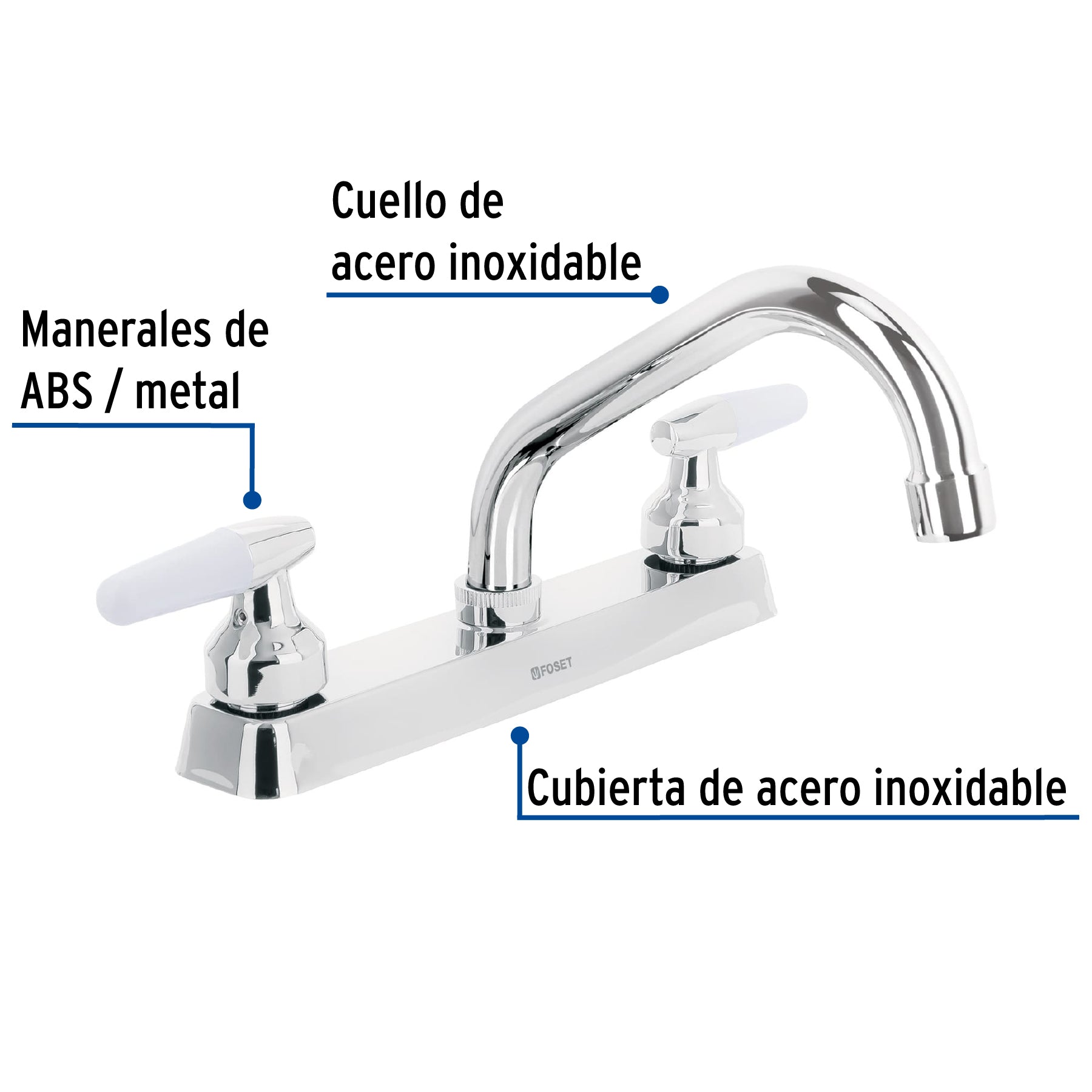 Mezcladora 8" fregadero cromo, cuello corto, cono, BASIC