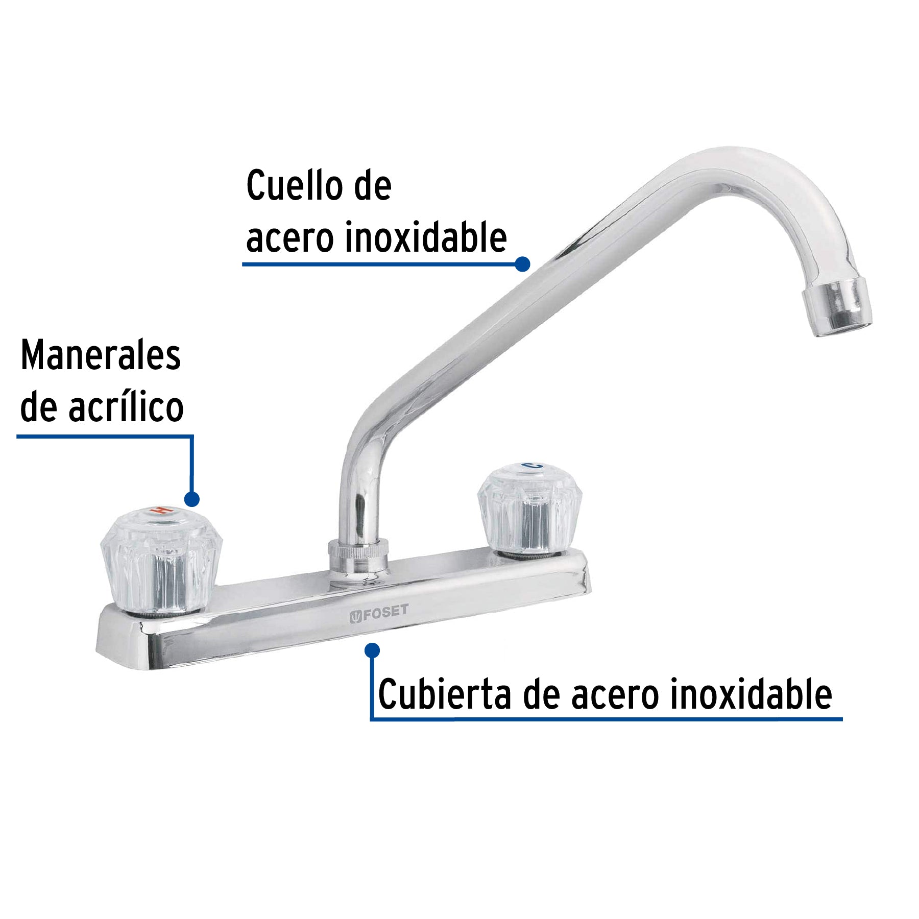 Mezcladora 8" fregadero cromo, cuello largo, acrílico, BASIC