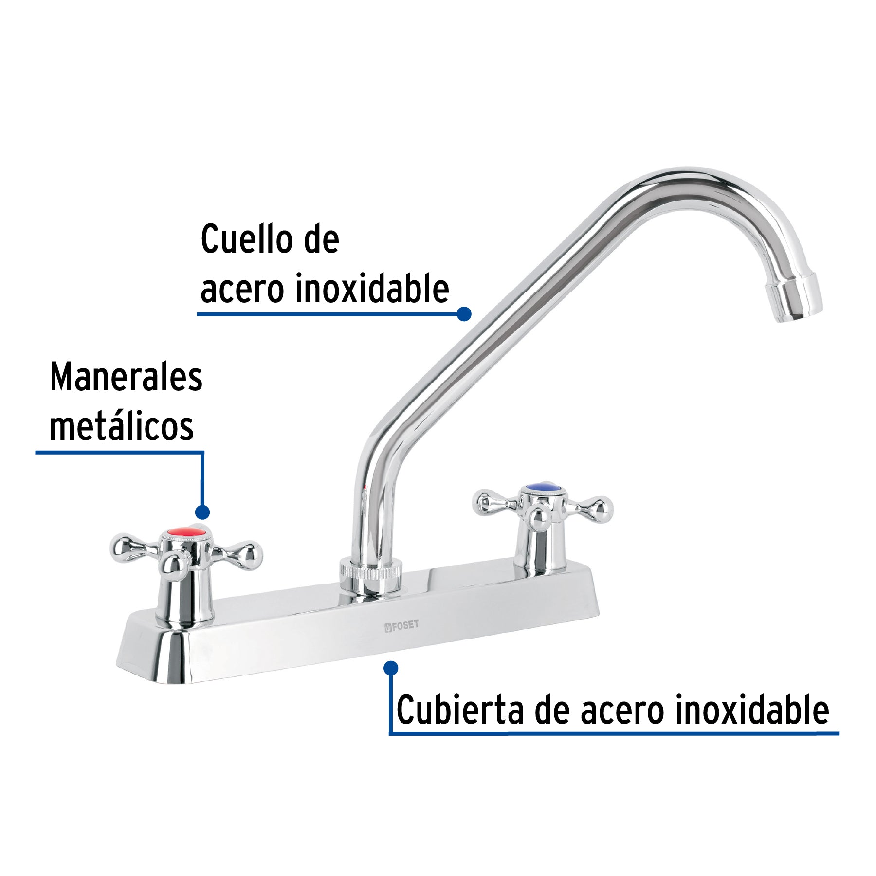 Mezcladora 8" fregadero cromo, cuello largo, cruceta, BASIC