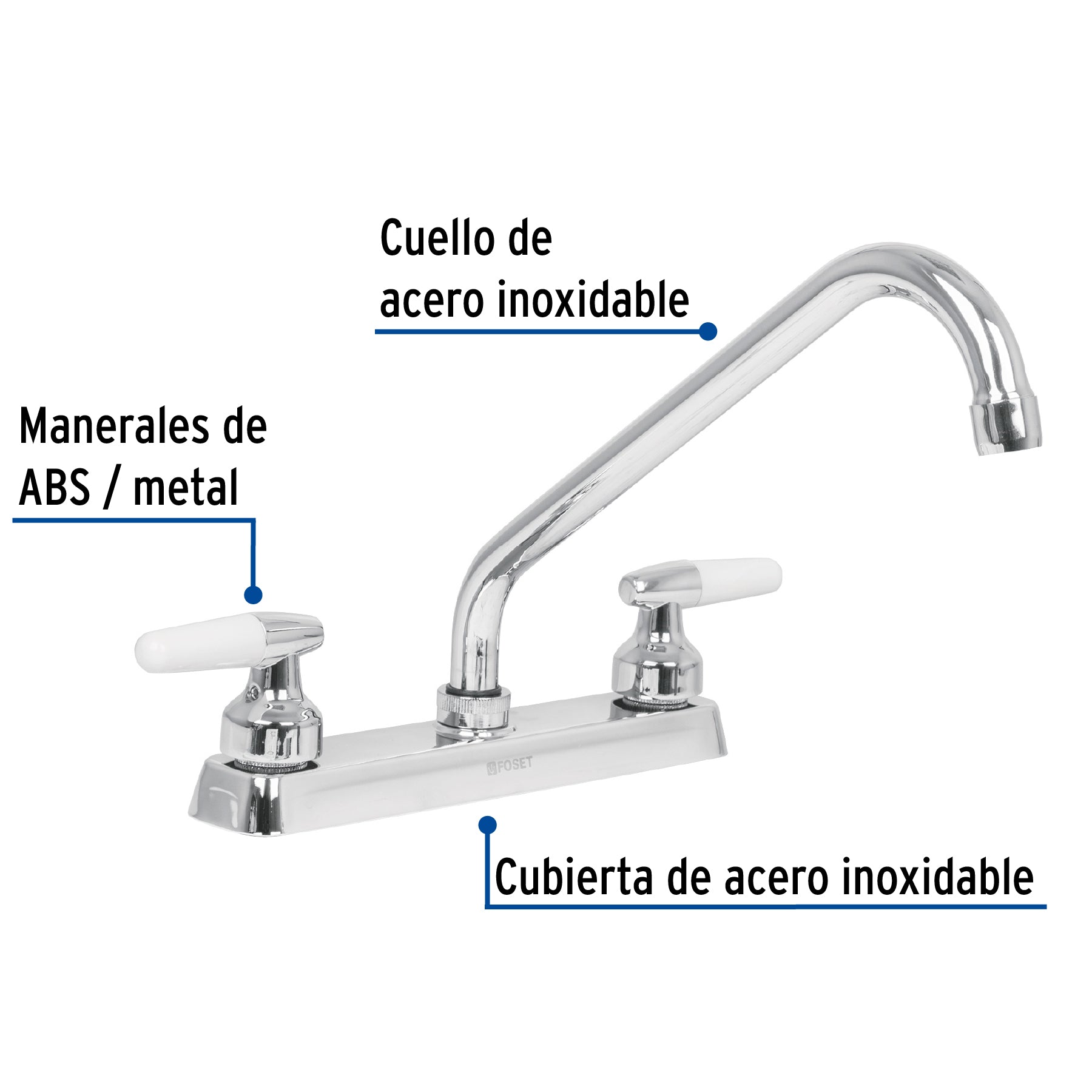 Mezcladora 8" fregadero cromo, cuello largo, cono, BASIC