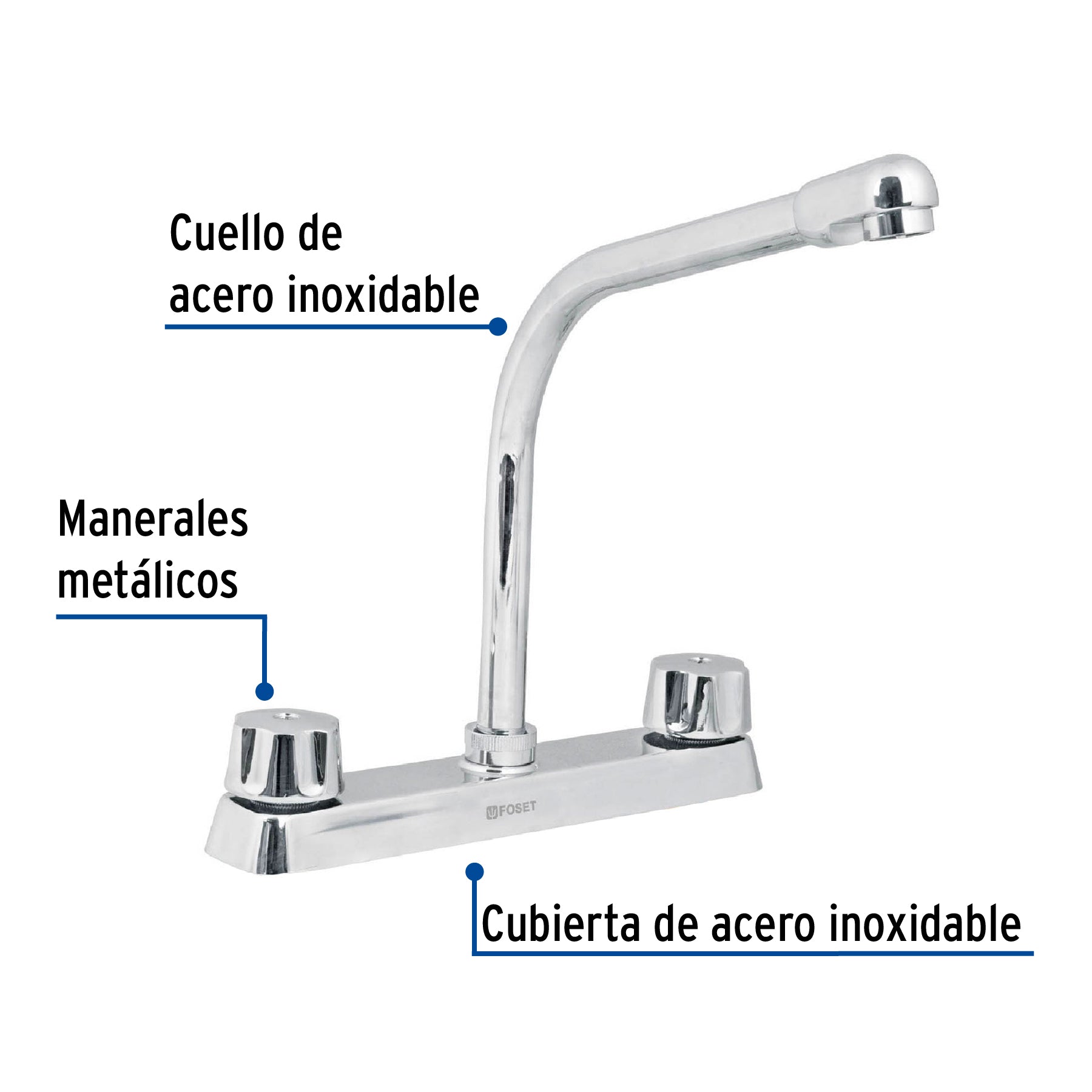 Mezcladora 8" fregadero cromo, cuello cobra,compresión,BASIC