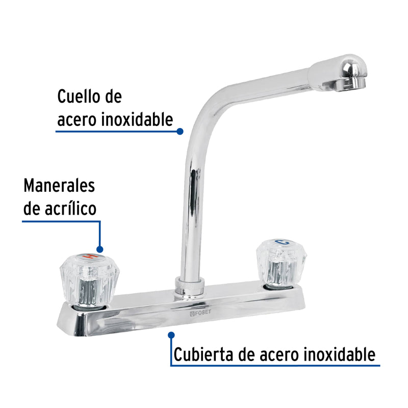 Mezcladora 8" para fregadero,  cuello cobra,  manerales acrílico
