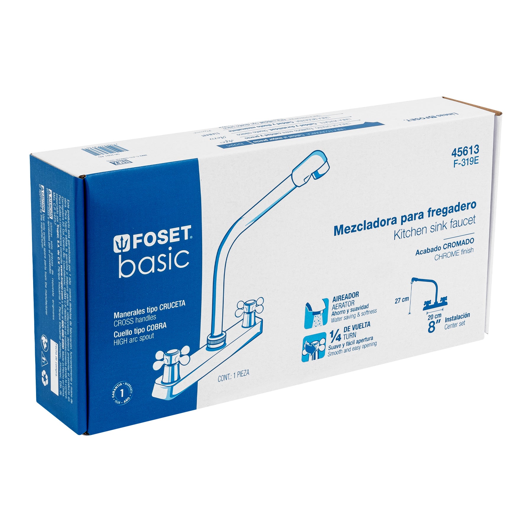Mezcladora 8" fregadero cromo, cuello cobra, cruceta, BASIC