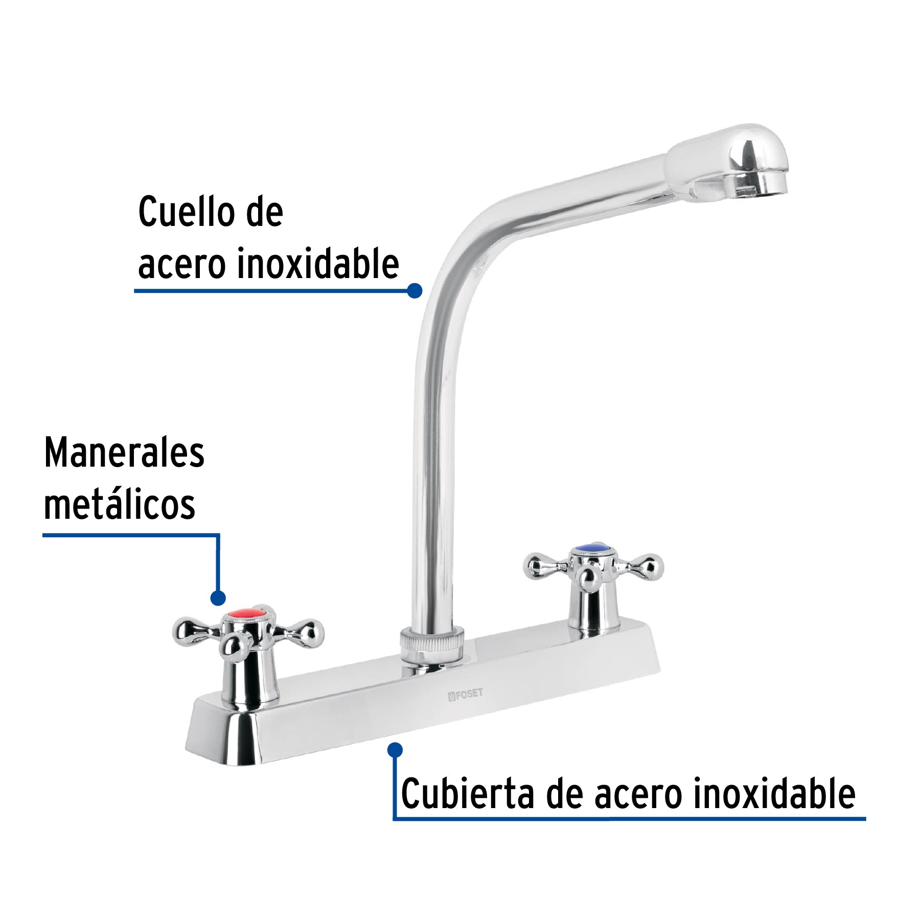 Mezcladora 8" fregadero cromo, cuello cobra, cruceta, BASIC