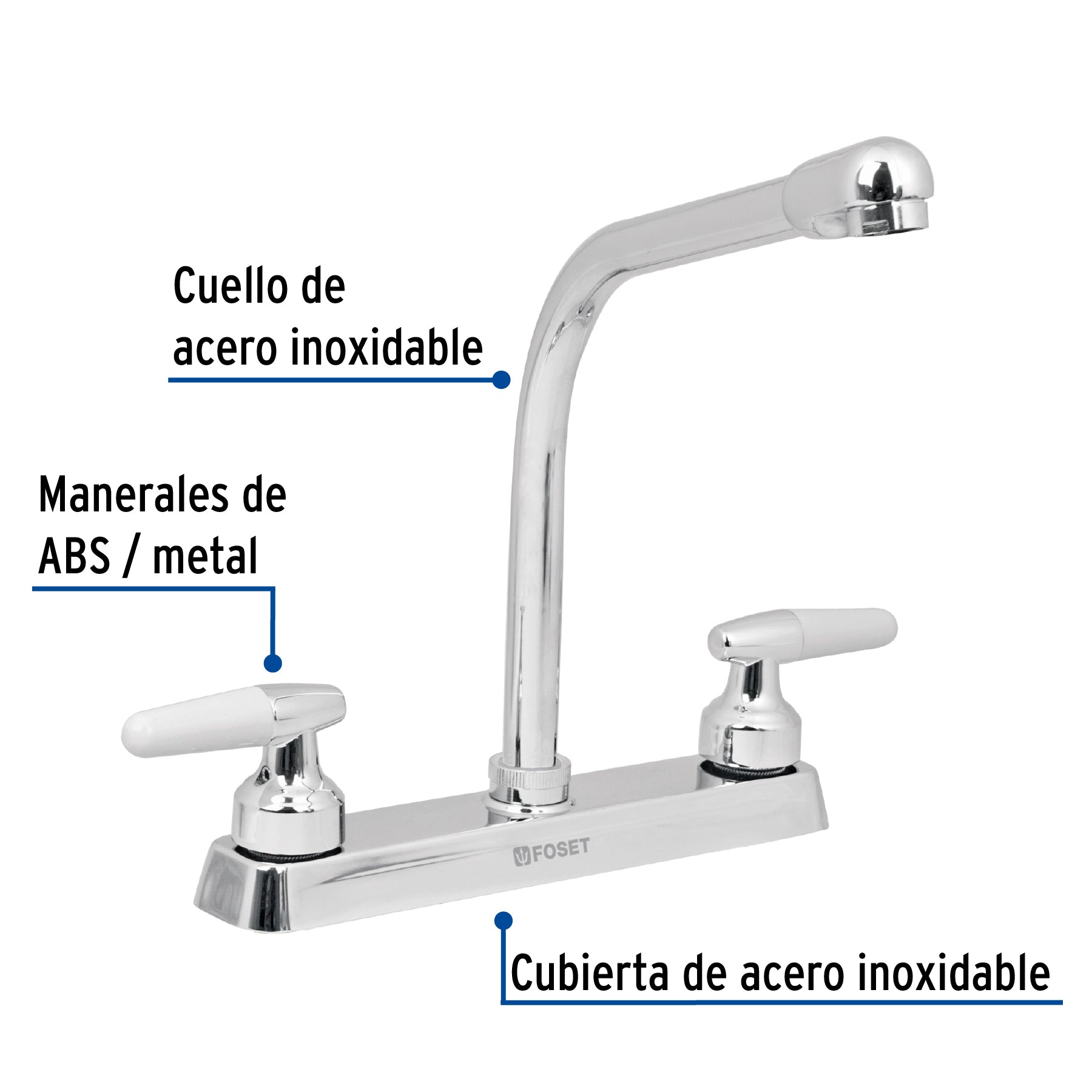Mezcladora 8" fregadero cromo, cuello cobra, cono, BASIC
