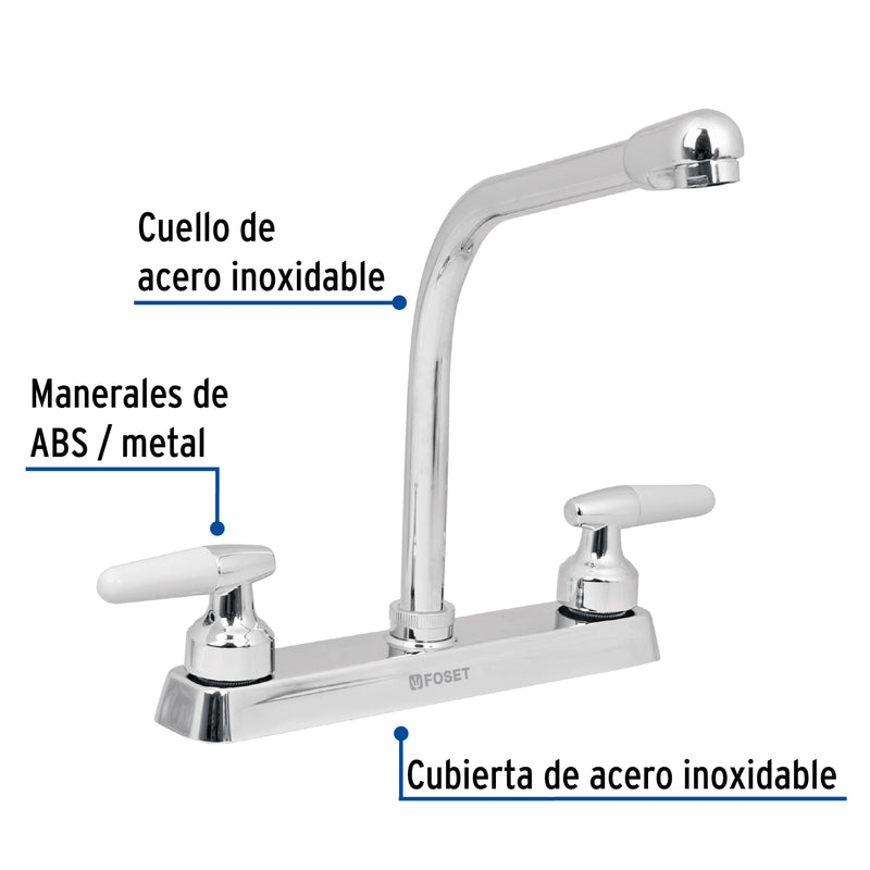 Mezcladora 8" para fregadero,  cuello cobra,  manerales cono