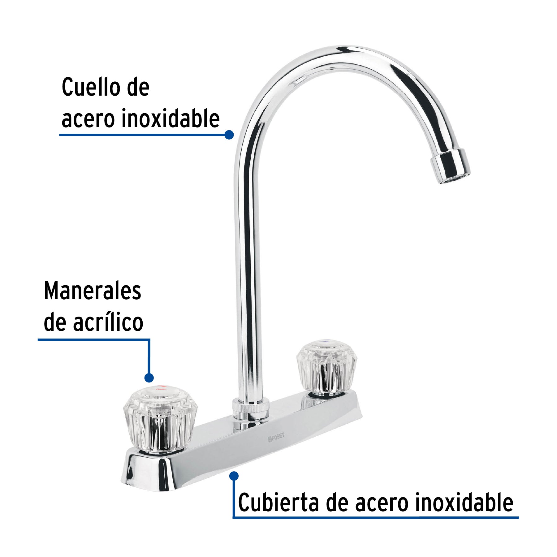 Mezcladora 8" fregadero cromo, cuello curvo, acrílico, BASIC