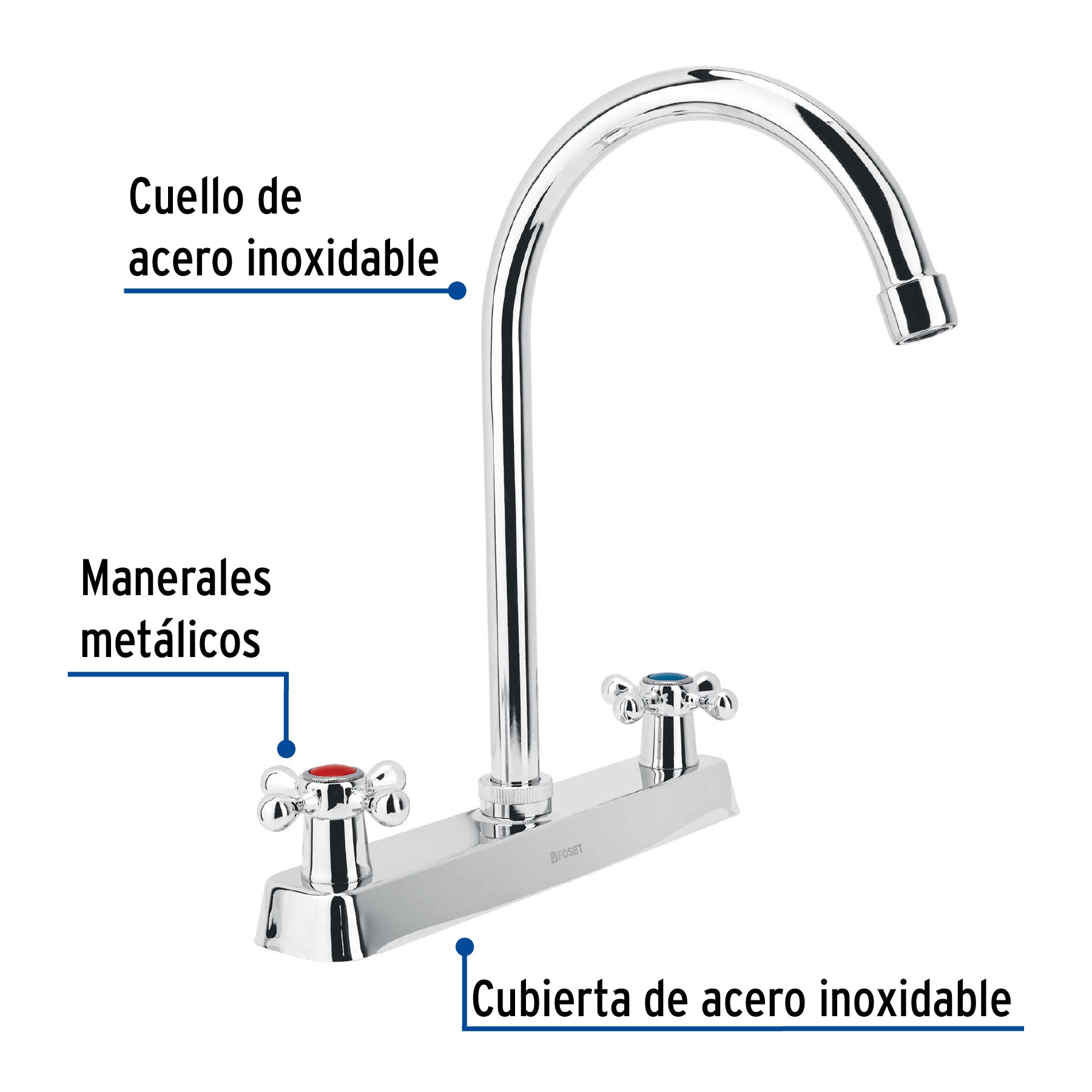Mezcladora 8" fregadero cromo, cuello curvo, cruceta, BASIC