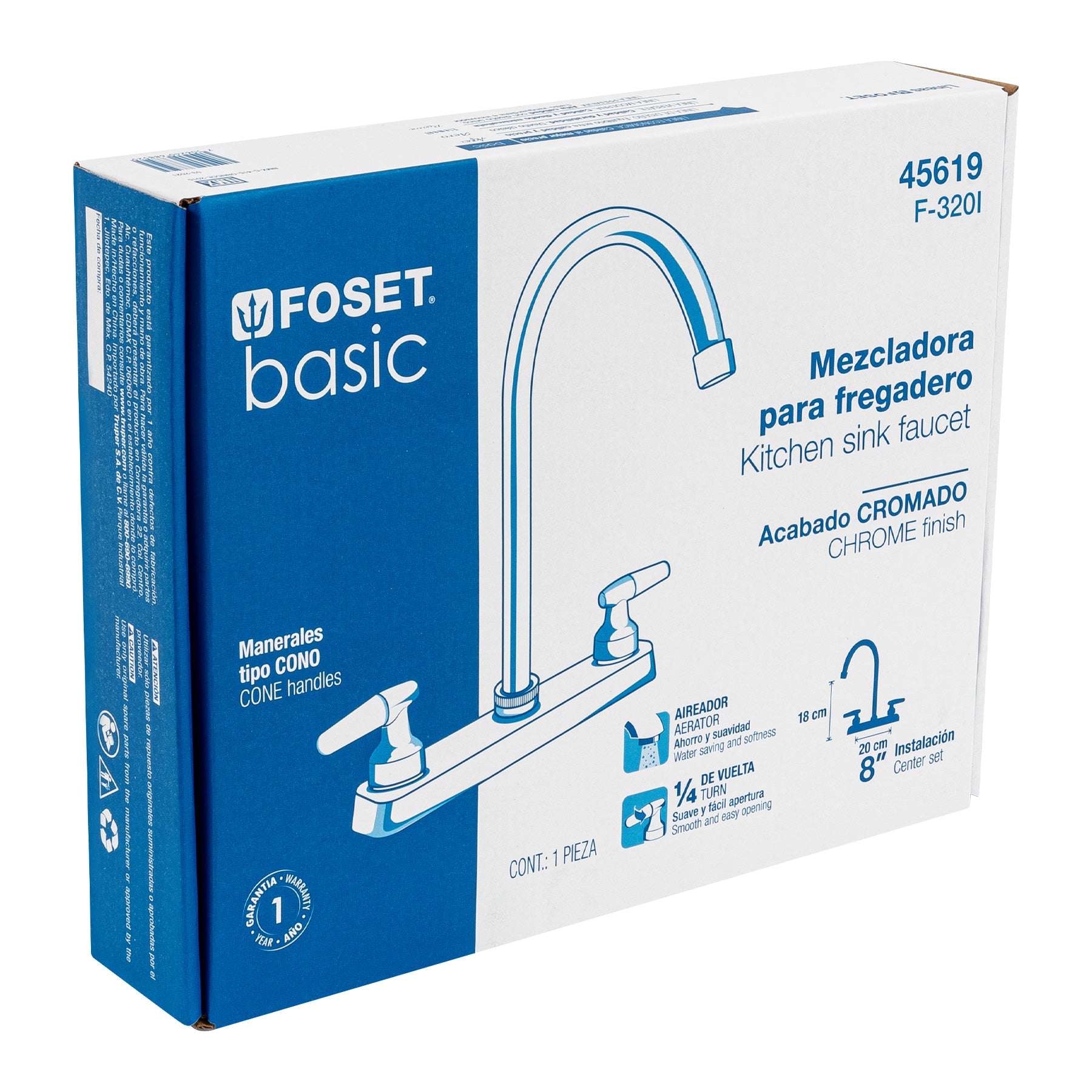 Mezcladora 8" fregadero cromo, cuello curvo, cono, BASIC