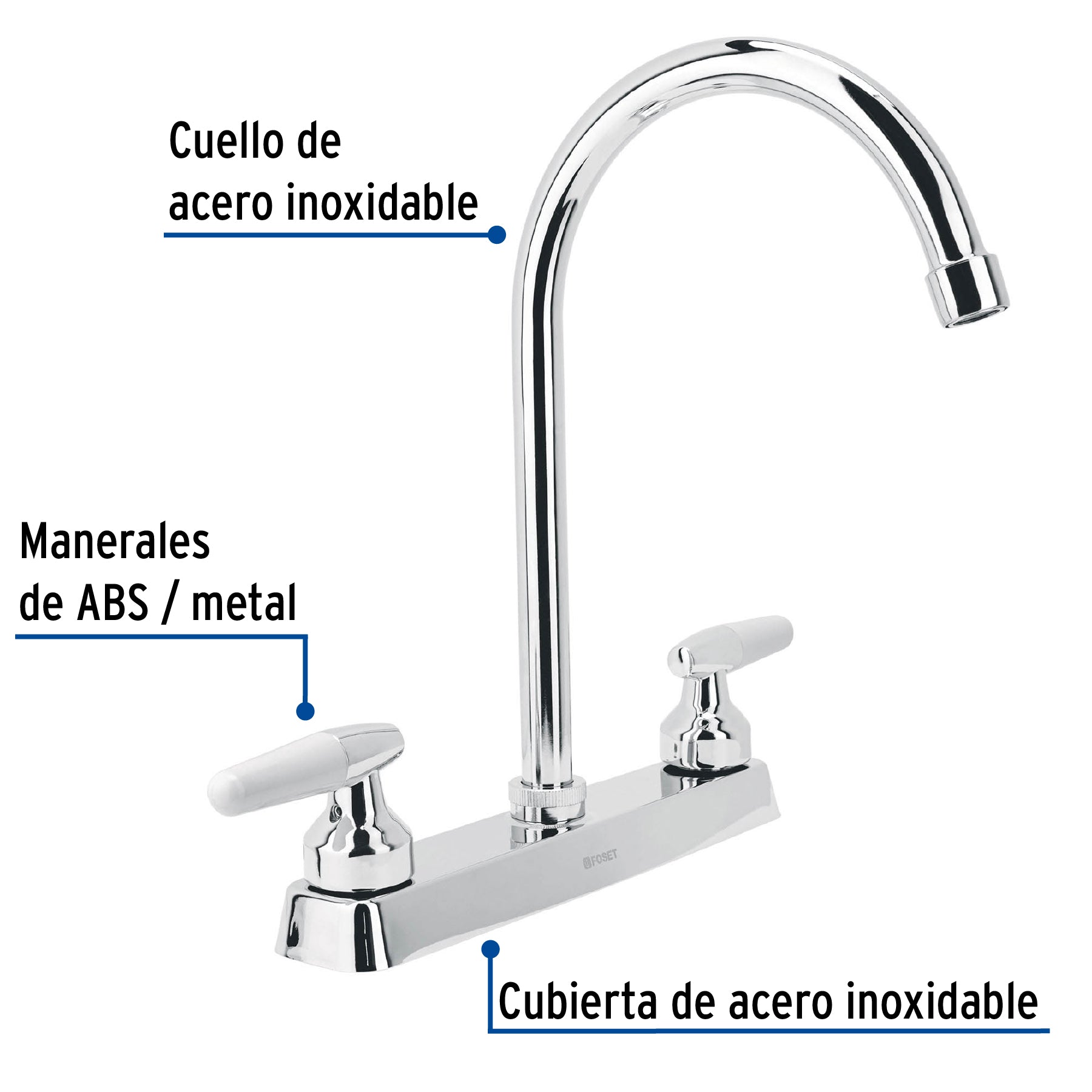 Mezcladora 8" fregadero cromo, cuello curvo, cono, BASIC