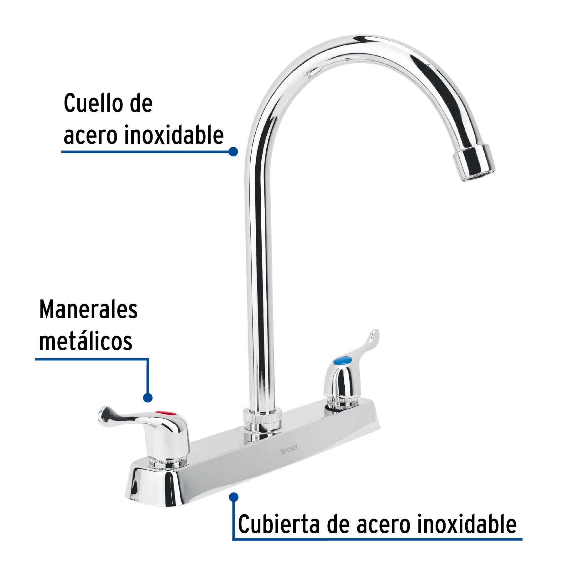 Mezcladora 8" fregadero cromo, cuello curvo, palanca, BASIC