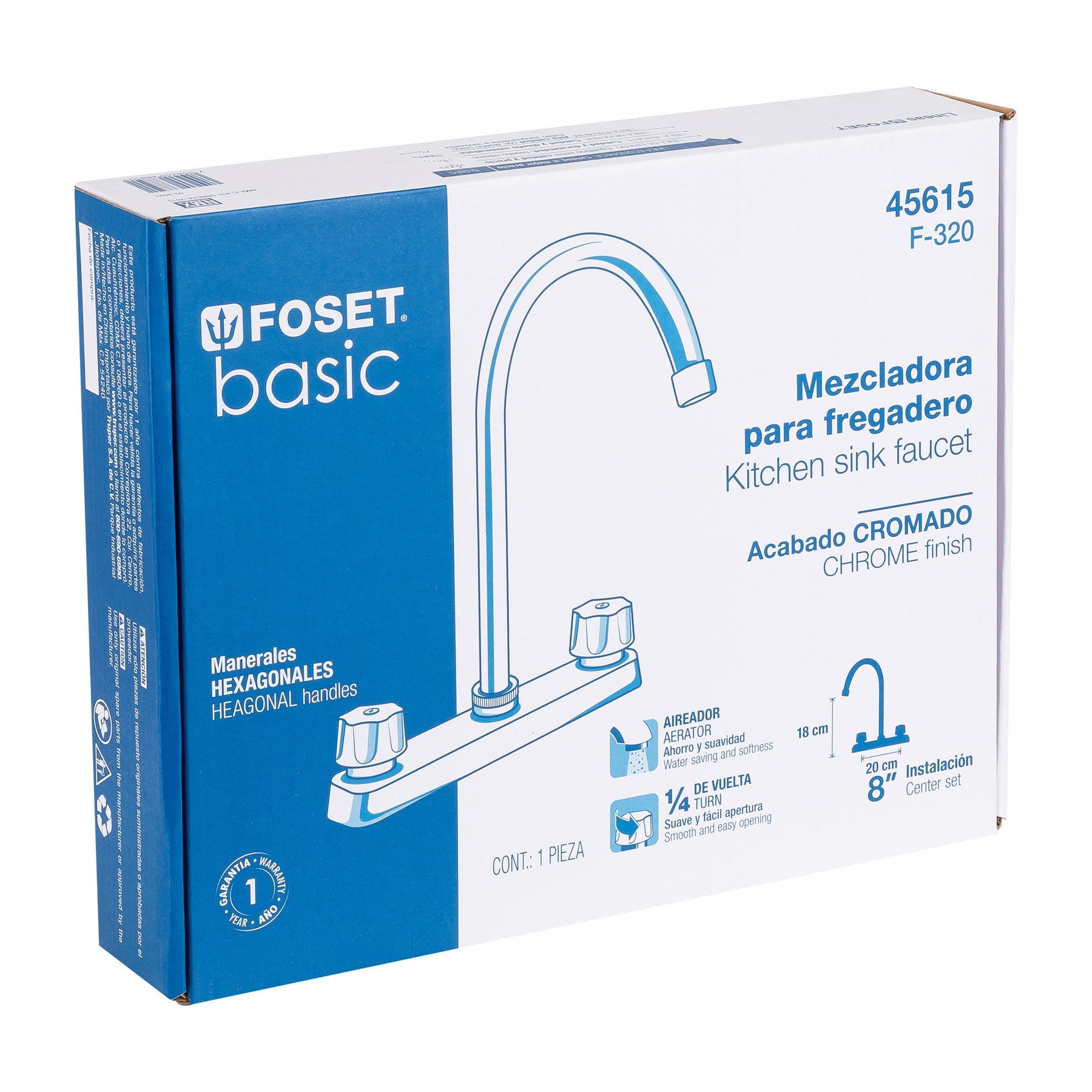 Mezcladora 8" fregadero cromo, cuello curvo,hexagonal, BASIC