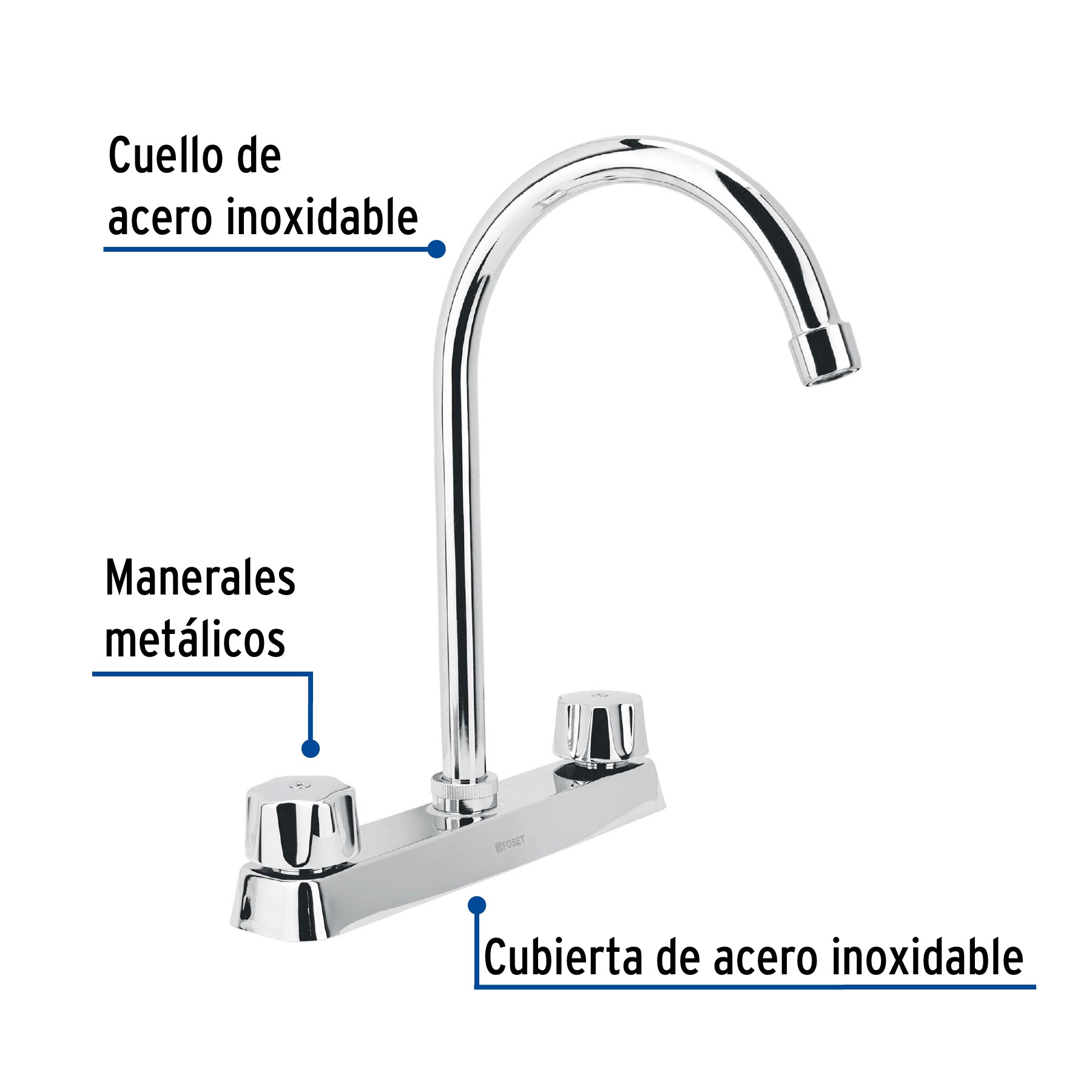 Mezcladora 8" fregadero cromo, cuello curvo,hexagonal, BASIC