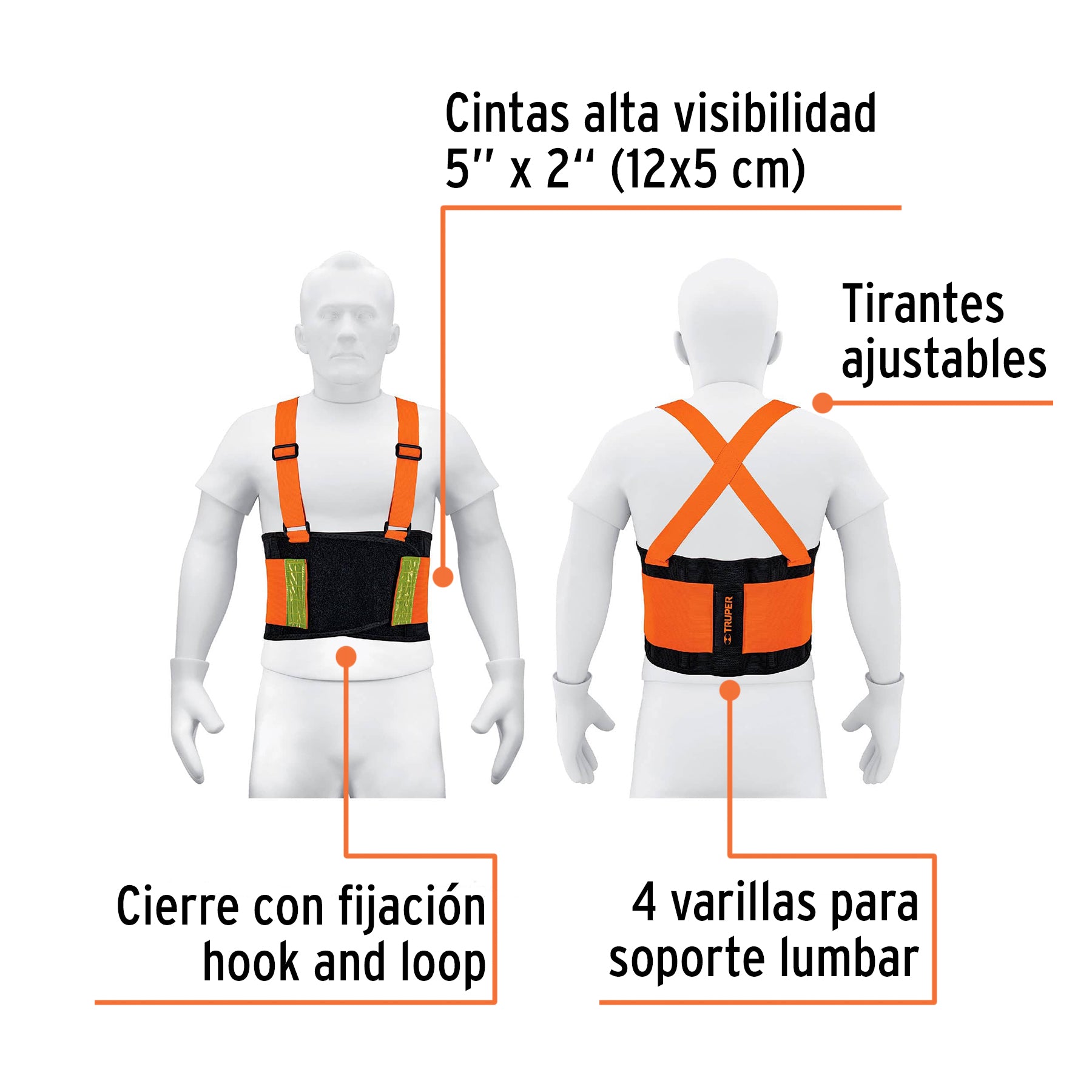 Faja lumbar naranja con cintas de alta visibilidad, M, Truper