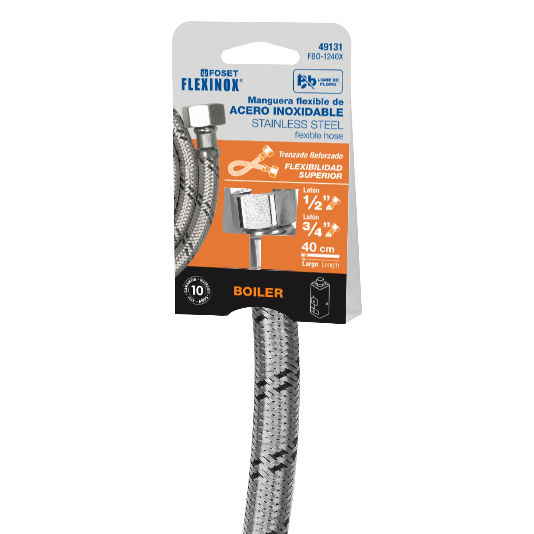 Manguera para boiler, acero inoxidable 1/2"x3/4", 40 cm, Foset