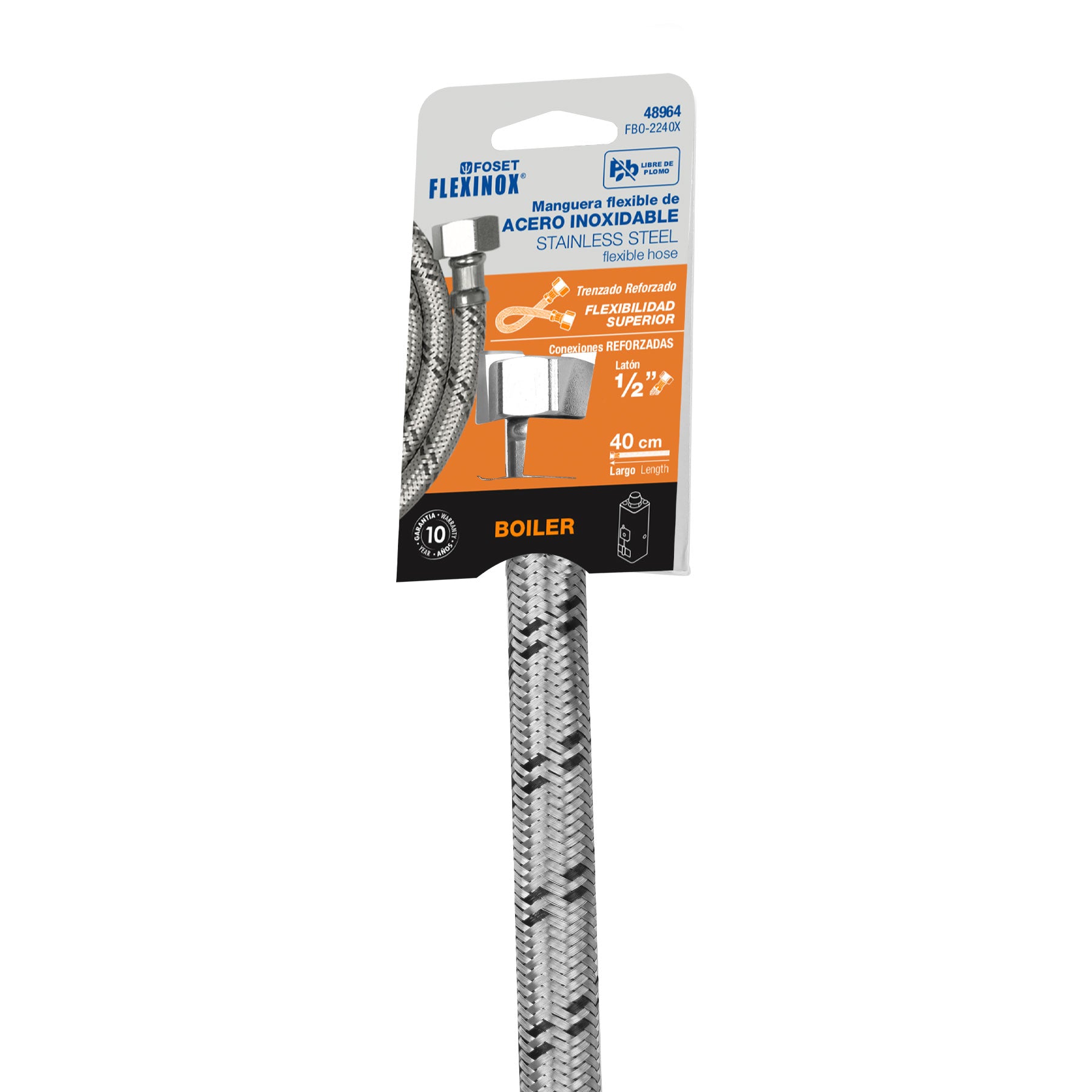 Manguera para boiler, acero inoxidable 1/2"x1/2", 40 cm, Foset