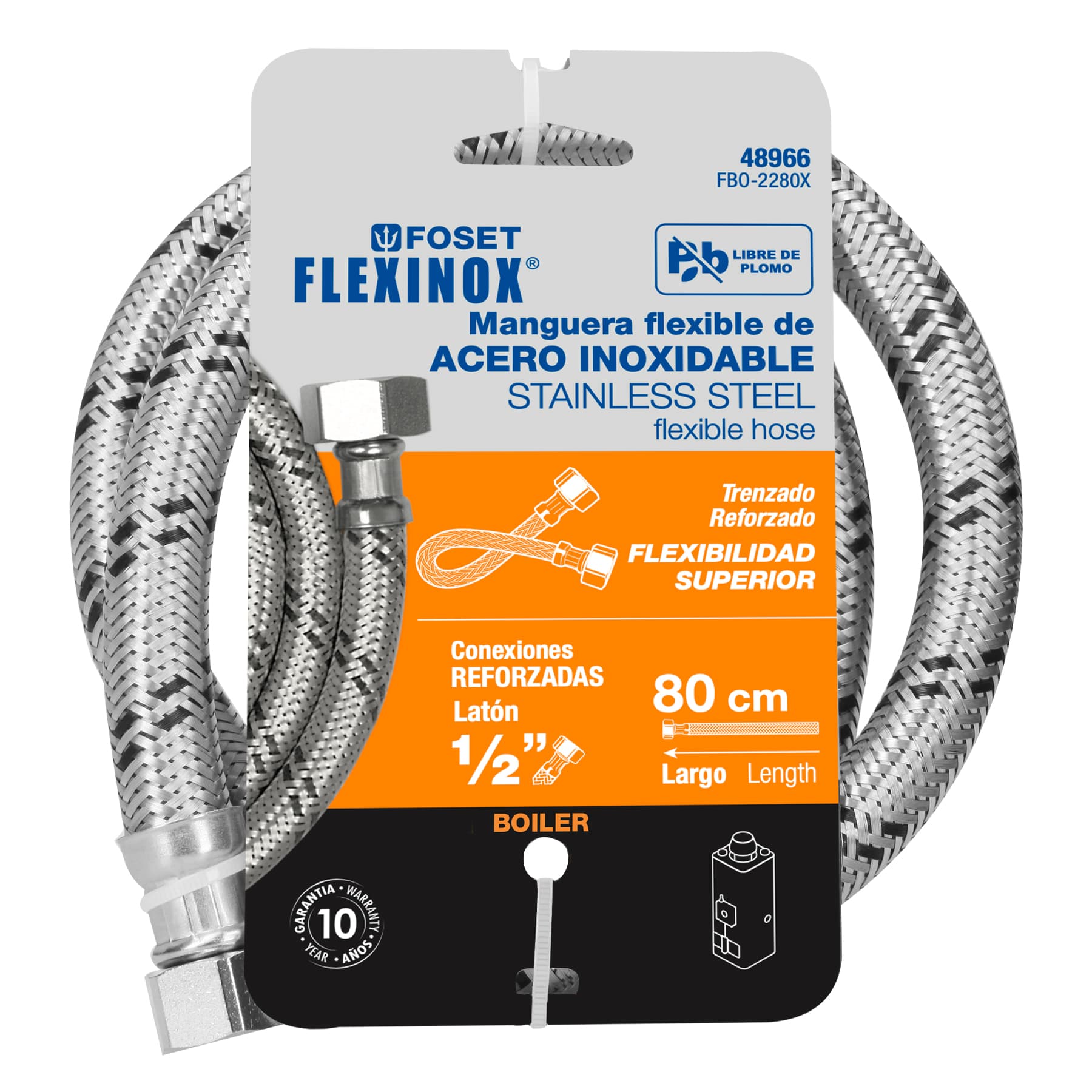 Manguera para boiler, acero inoxidable 1/2"x1/2", 80 cm, Foset