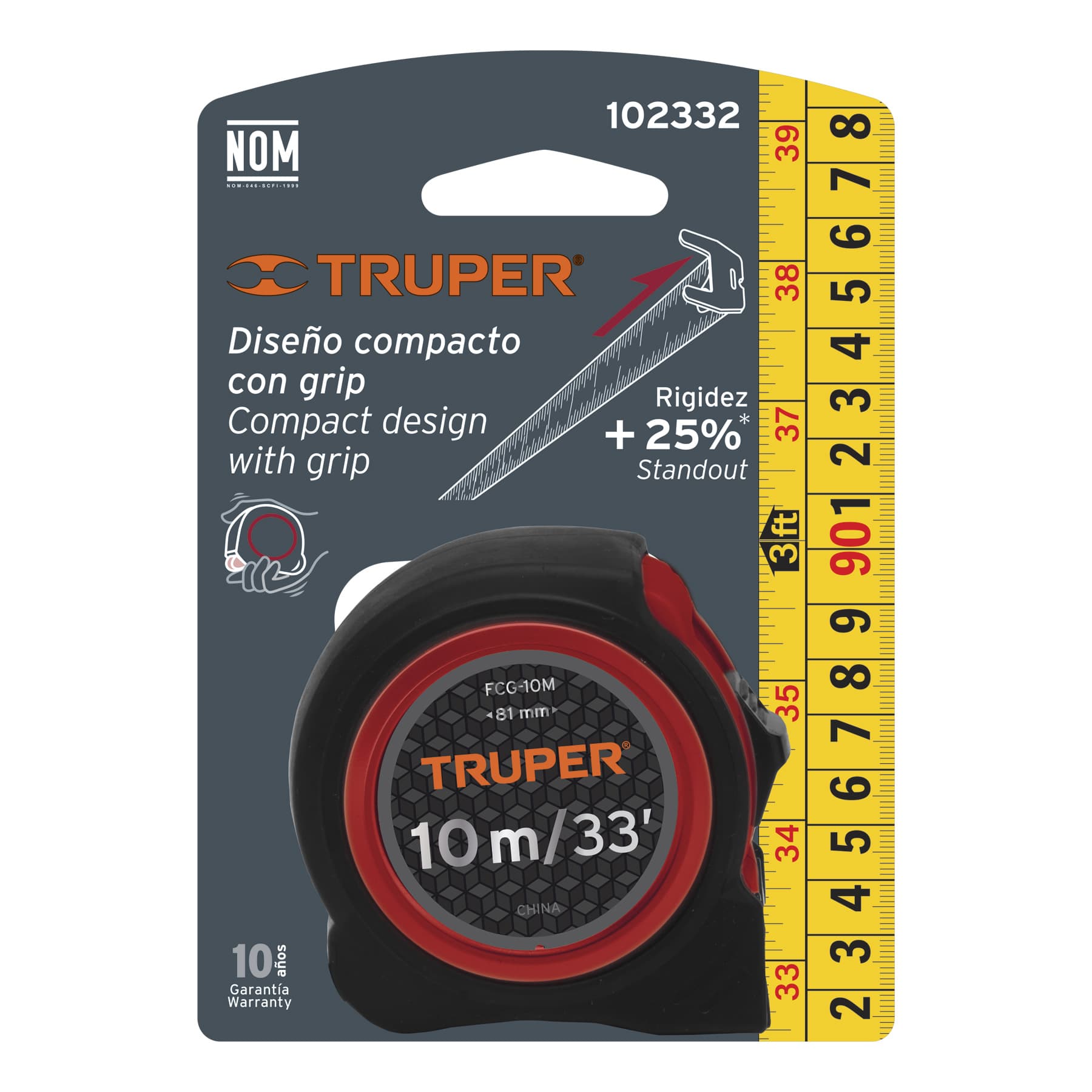 Flexómetro compacto contra impactos 10 m cinta 25 mm, Truper