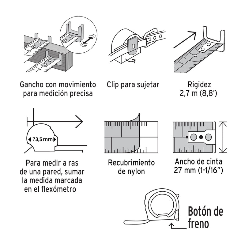 Flexómetro contra impactos Cinta†Negra x-ancha 27 mm 5.5 m