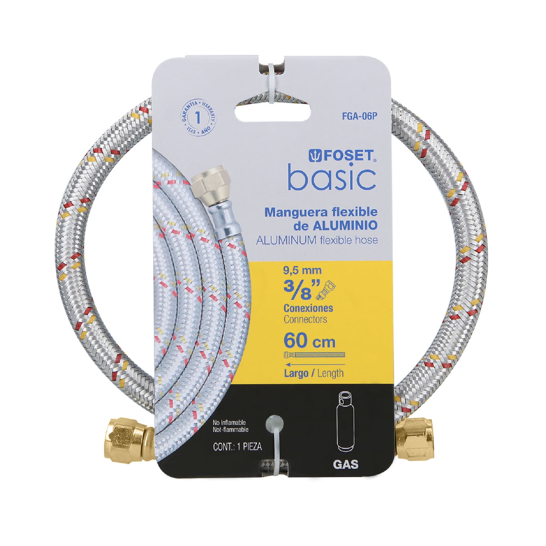 Manguera para gas, aluminio, 3/8", 60 cm, Foset Basic