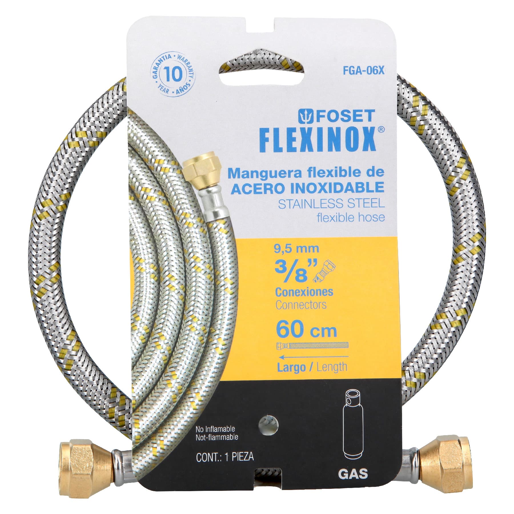 Manguera para gas, acero inoxidable 3/8" x 3/8", 60 cm, Foset