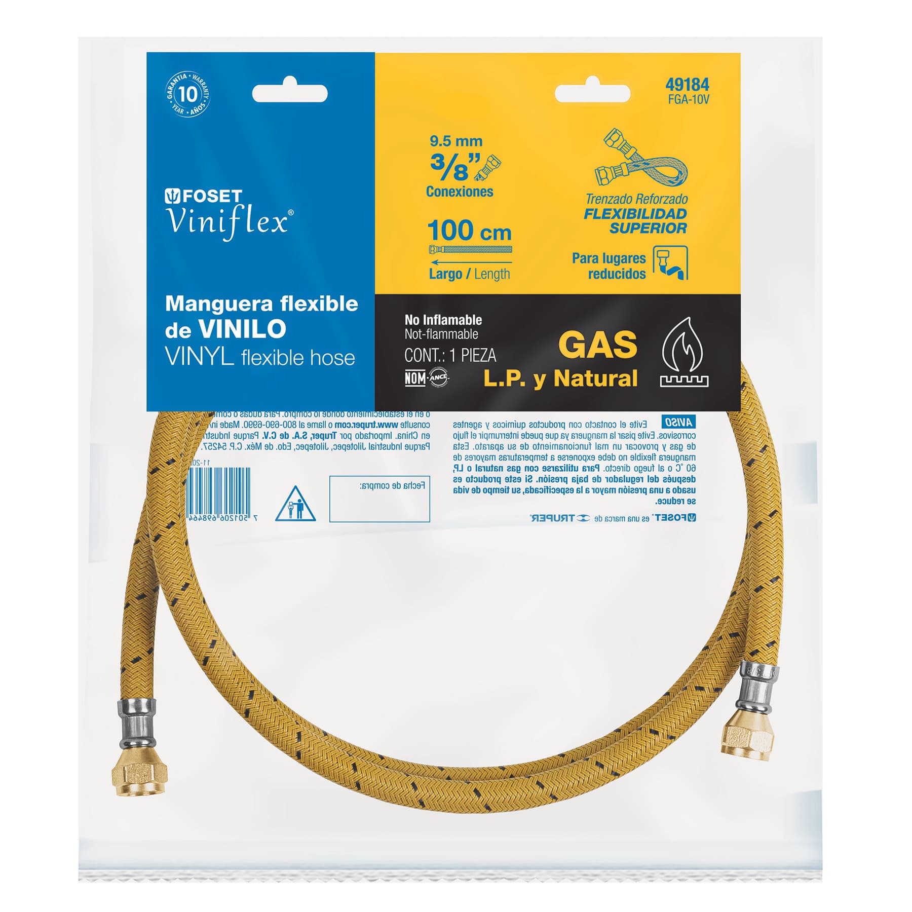 Manguera para gas, vinilo, 3/8" x 3/8", 100 cm, Foset
