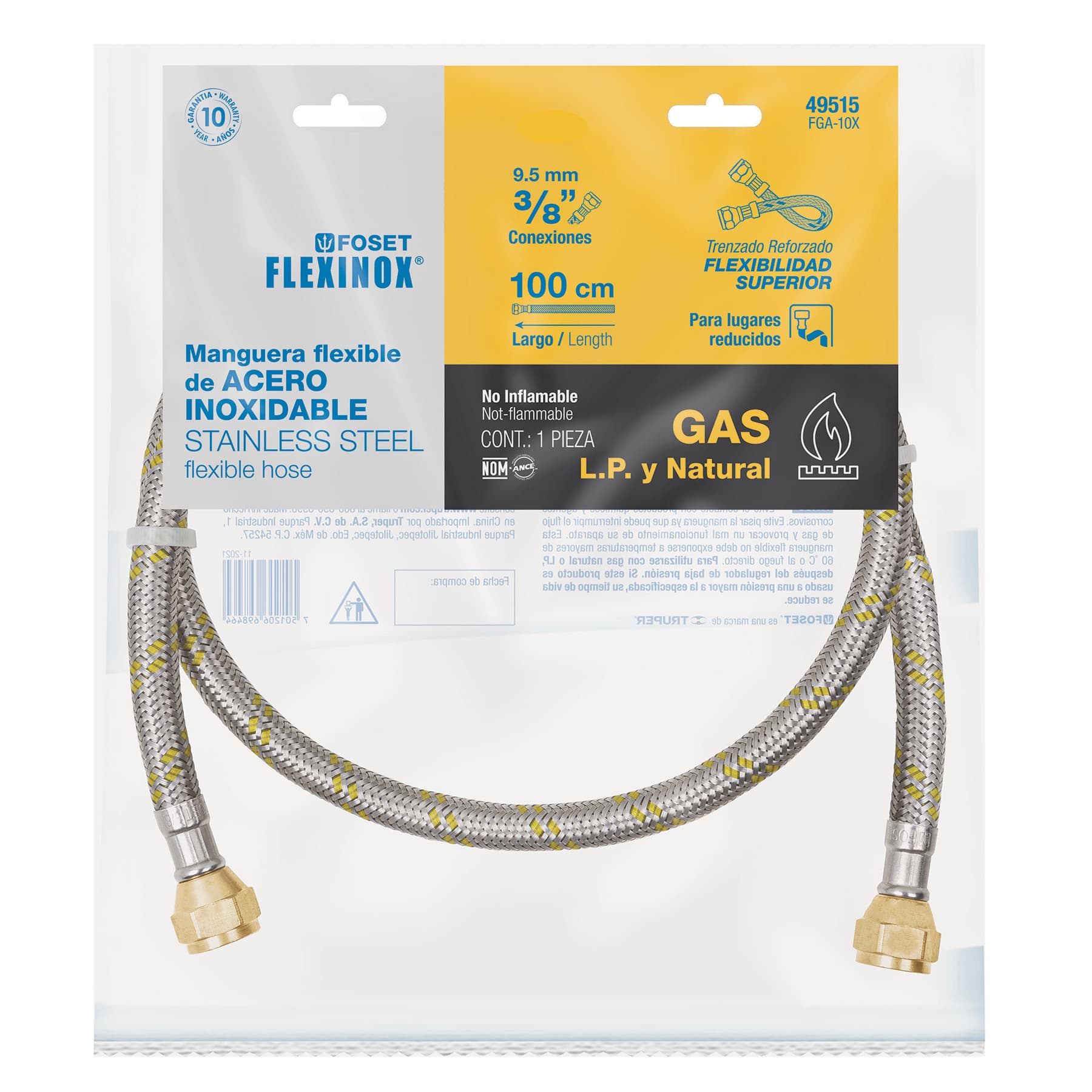 Manguera para gas, acero inoxidable 3/8" x 3/8", 100 cm, Foset