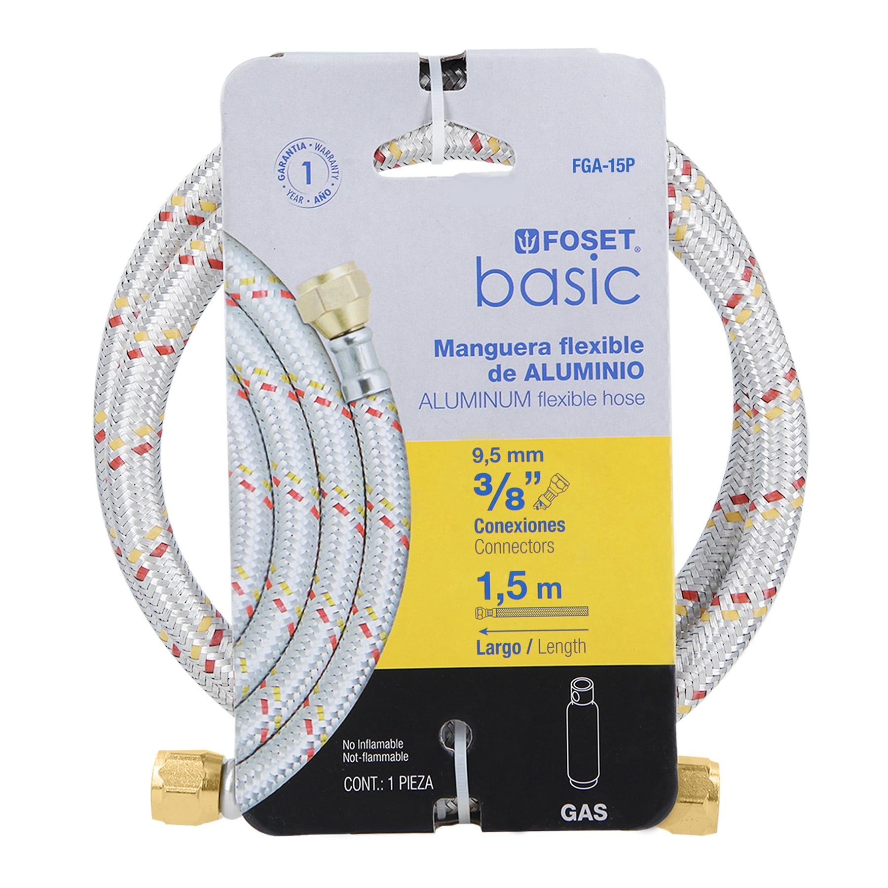 Manguera para gas, aluminio, 3/8", 150 cm, Foset Basic