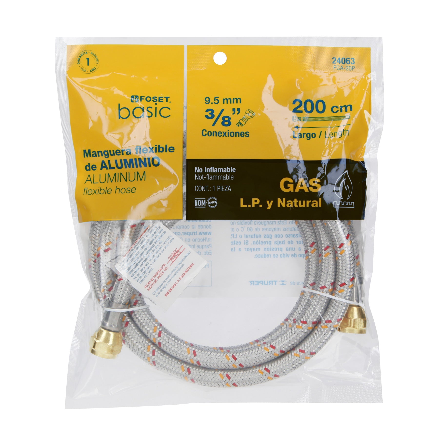 Manguera para gas, aluminio, 3/8", 200 cm, Foset Basic