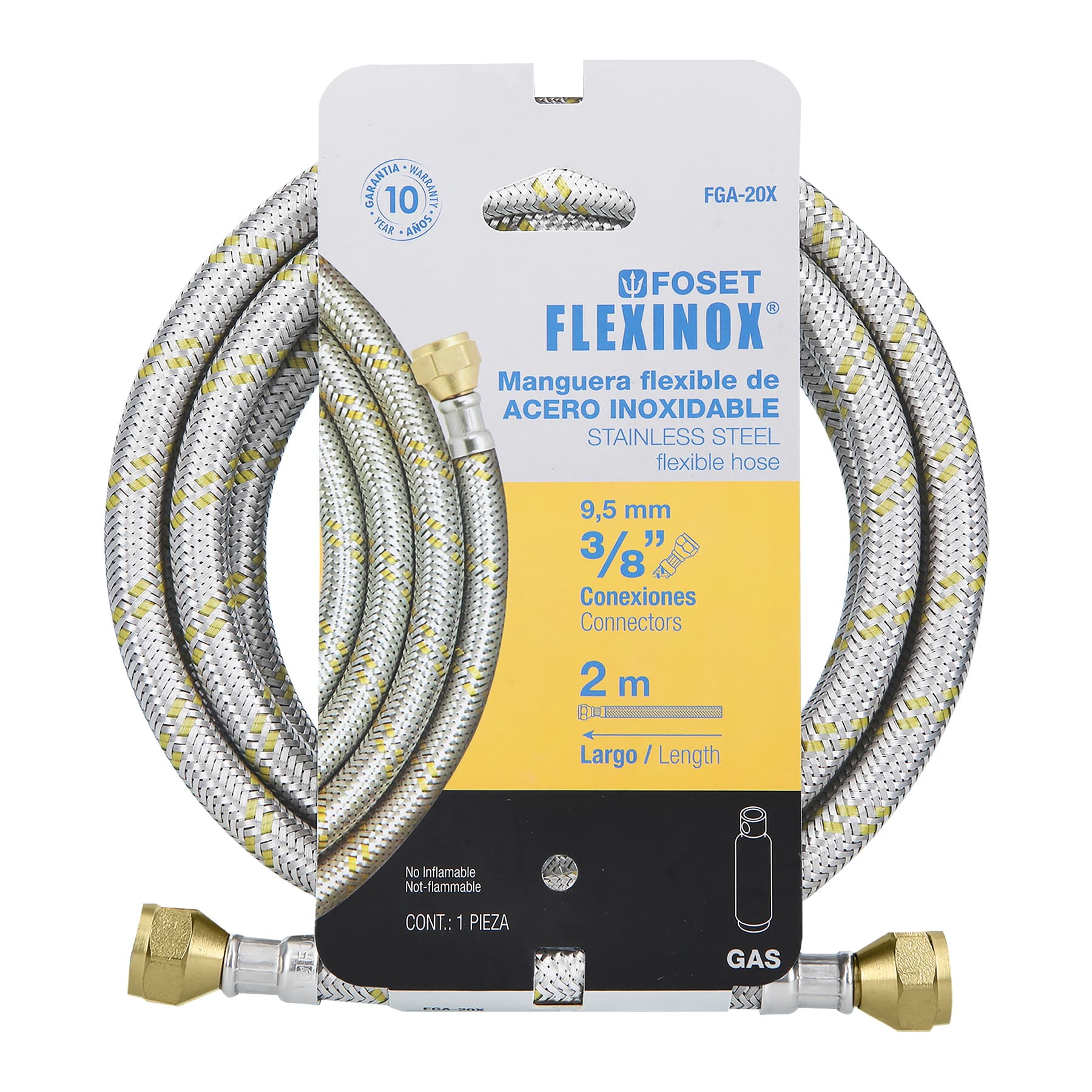 Manguera para gas, acero inoxidable 3/8" x 3/8", 200 cm, Foset