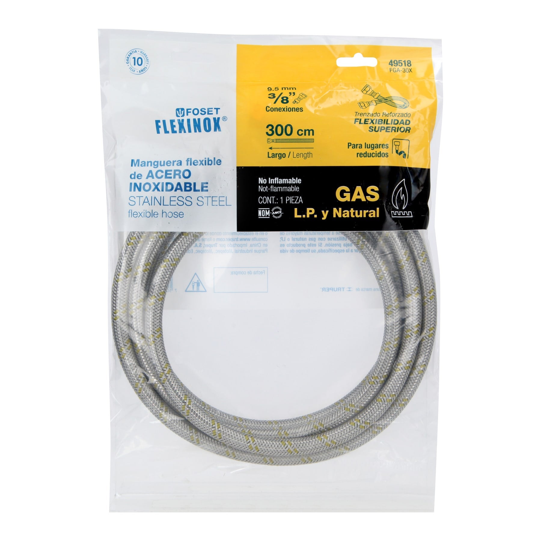 Manguera para gas, acero inoxidable 3/8" x 3/8", 300 cm, Foset