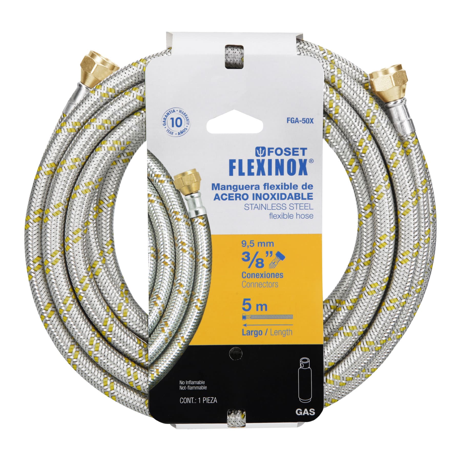 Manguera para gas, acero inoxidable 3/8" x 3/8", 500 cm, Foset