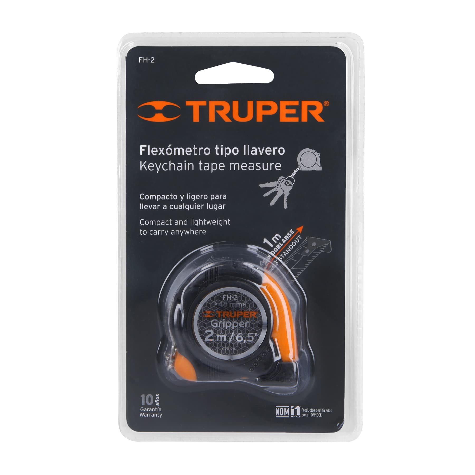 Flexómetro Gripper de 2 m tipo llavero, cinta 13 mm, Truper