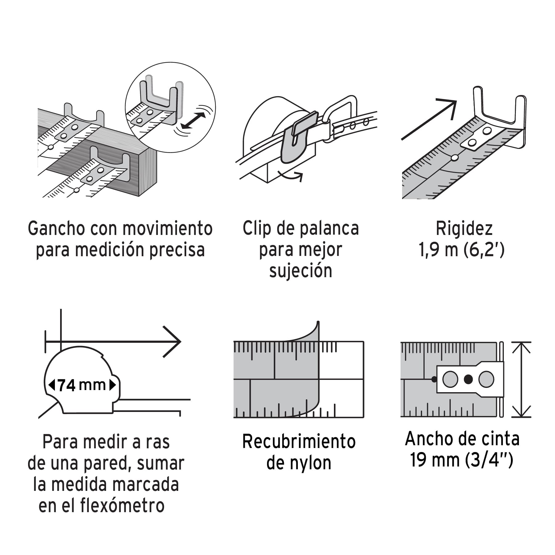 Flexómetro contra impactos 5 m cinta 19 mm grad. métrica
