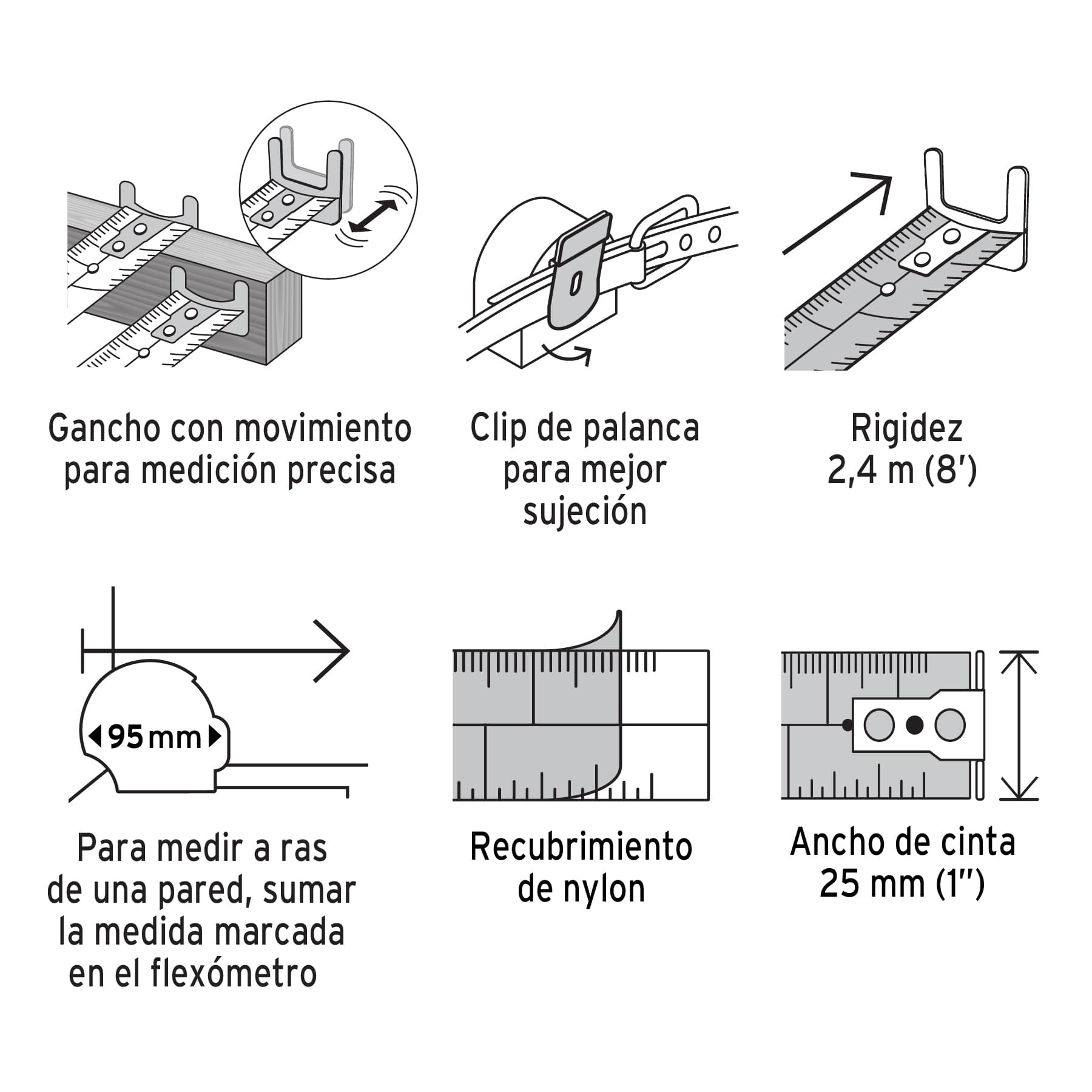 Flexómetro industrial contra impactos 8 m cinta 25 mm