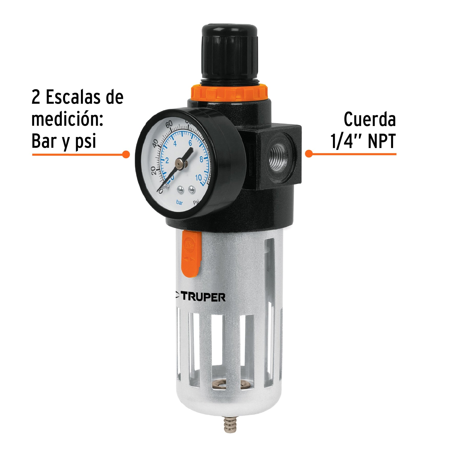 Filtro y regulador, presión de aire, cuerda 1/4" NPT, Truper