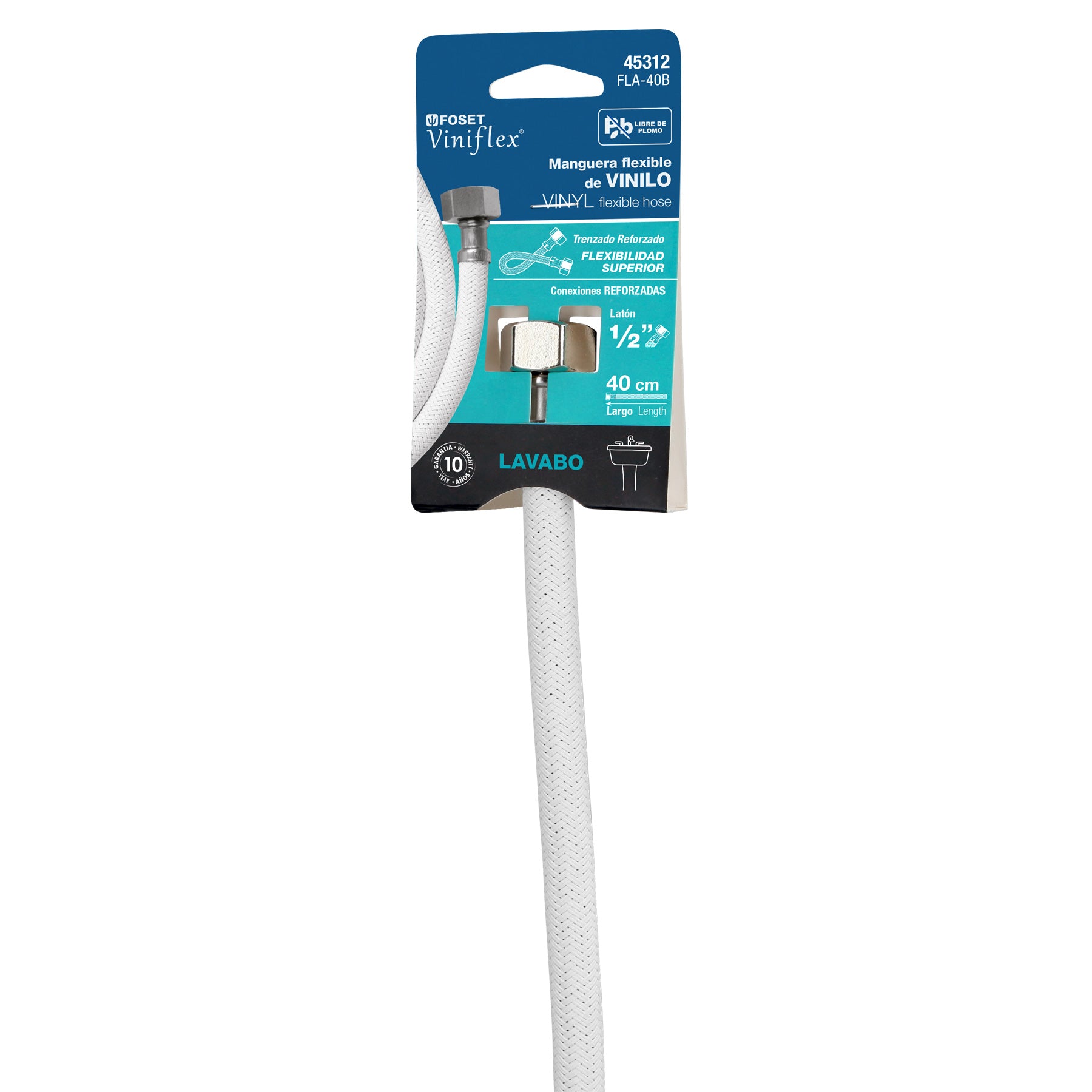 Manguera lavabo/fregadero, vinilo blanco, 1/2" x 1/2", 40 cm