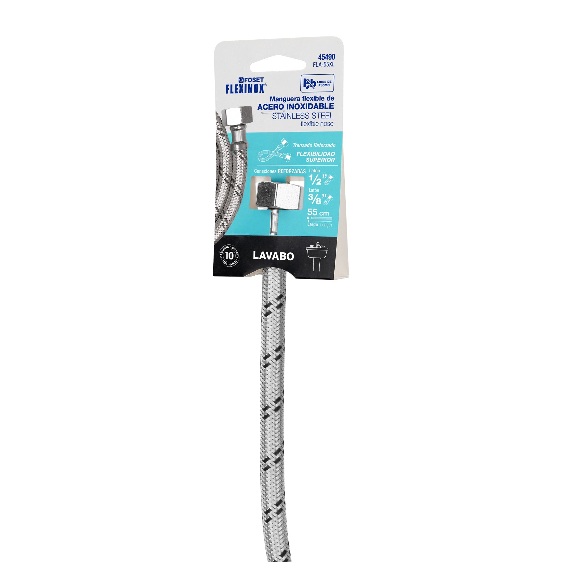 Manguera lavabo/fregadero, acero inoxidable 1/2" x 3/8", 55 cm