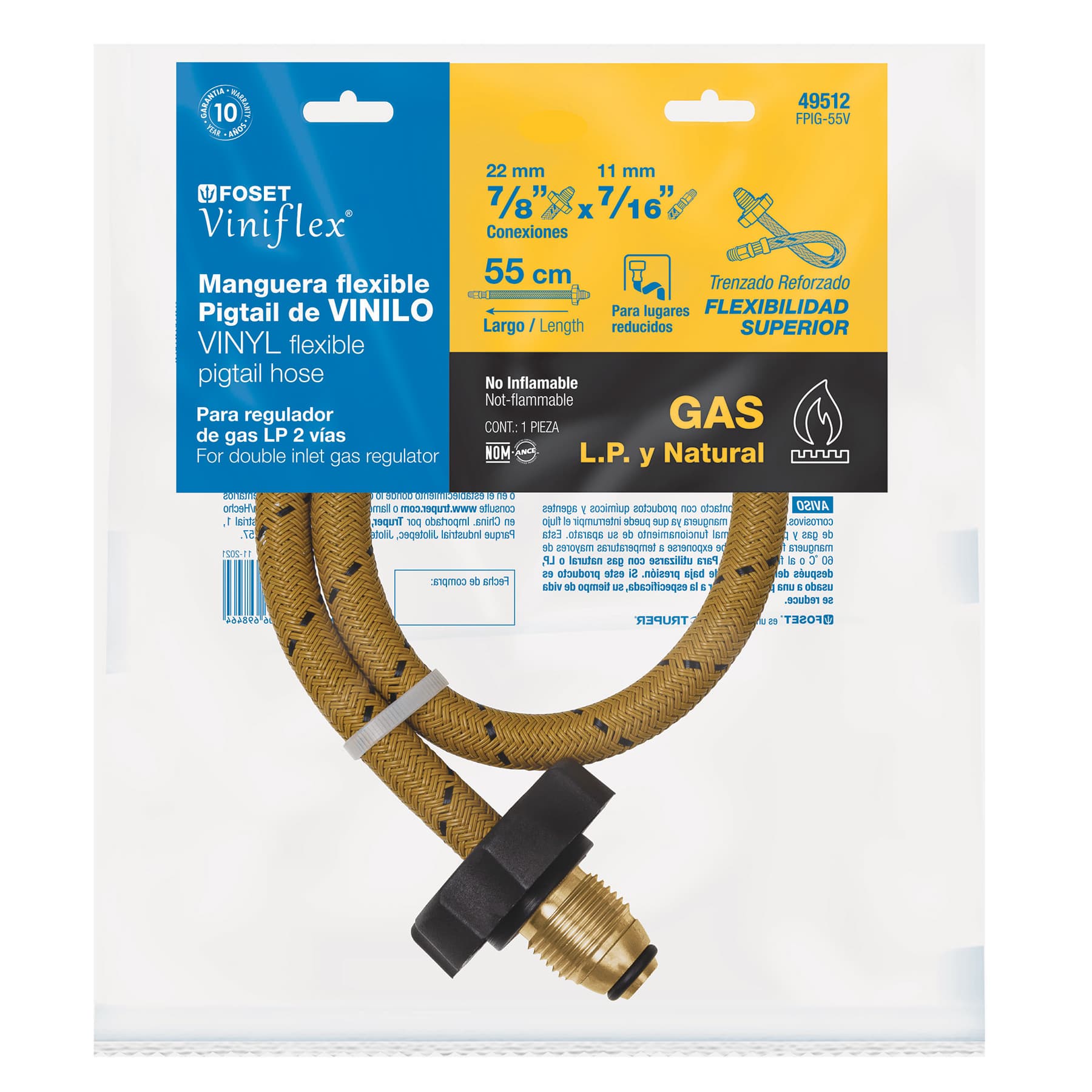 Manguera pigtail, vinilo, 7/16" x 7/8", 55 cm, Foset