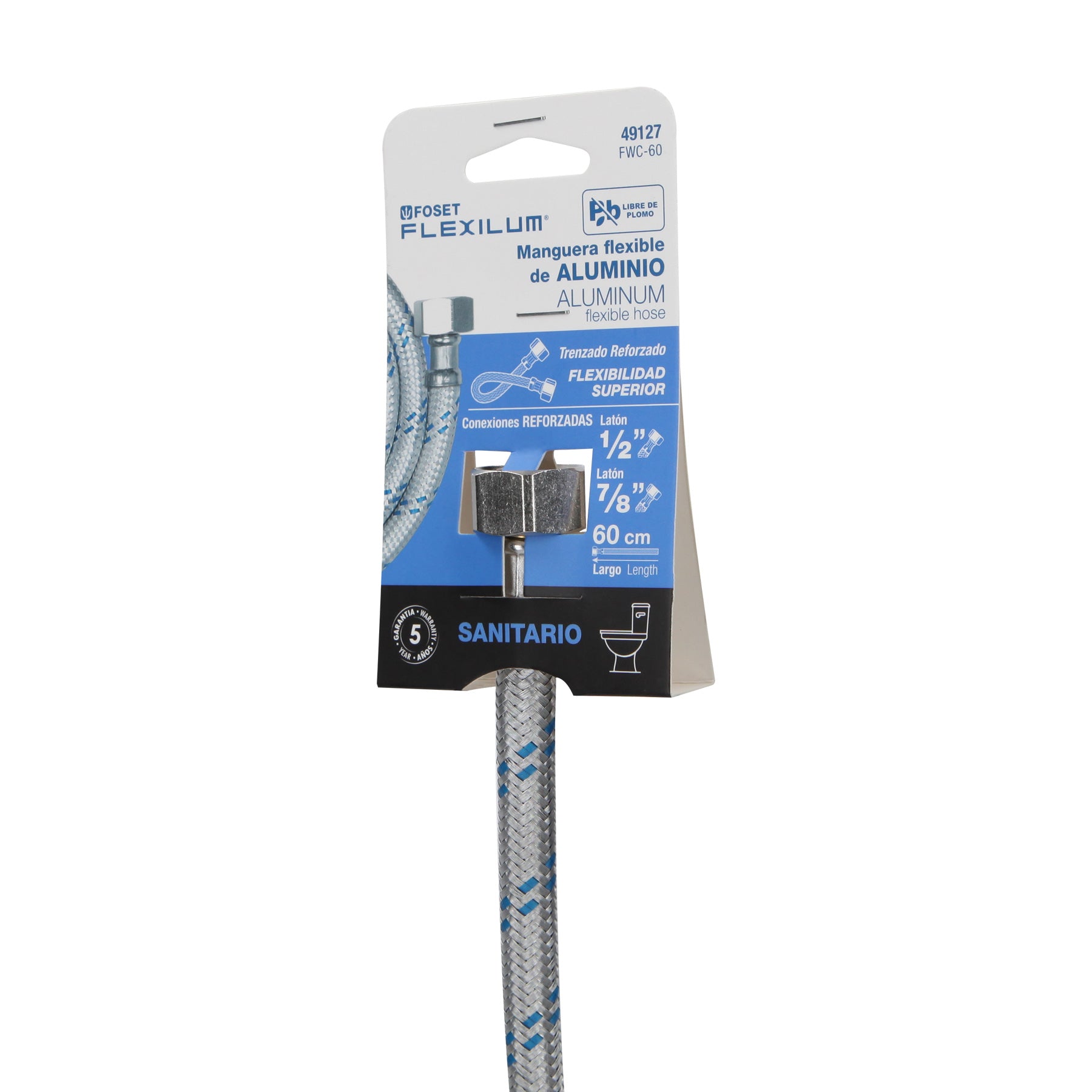 Manguera para WC, aluminio, 1/2" x 7/8", 60 cm, Foset