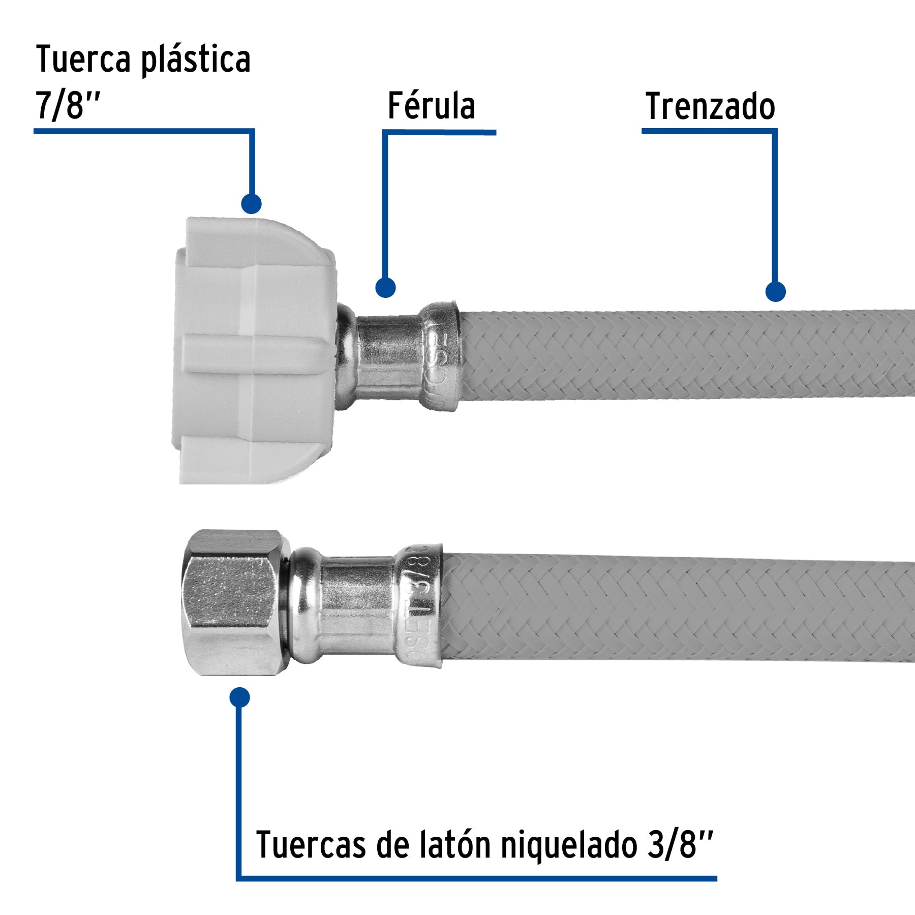 Manguera para WC, vinilo gris, 3/8"x7/8" , 30cm, plástico/latón