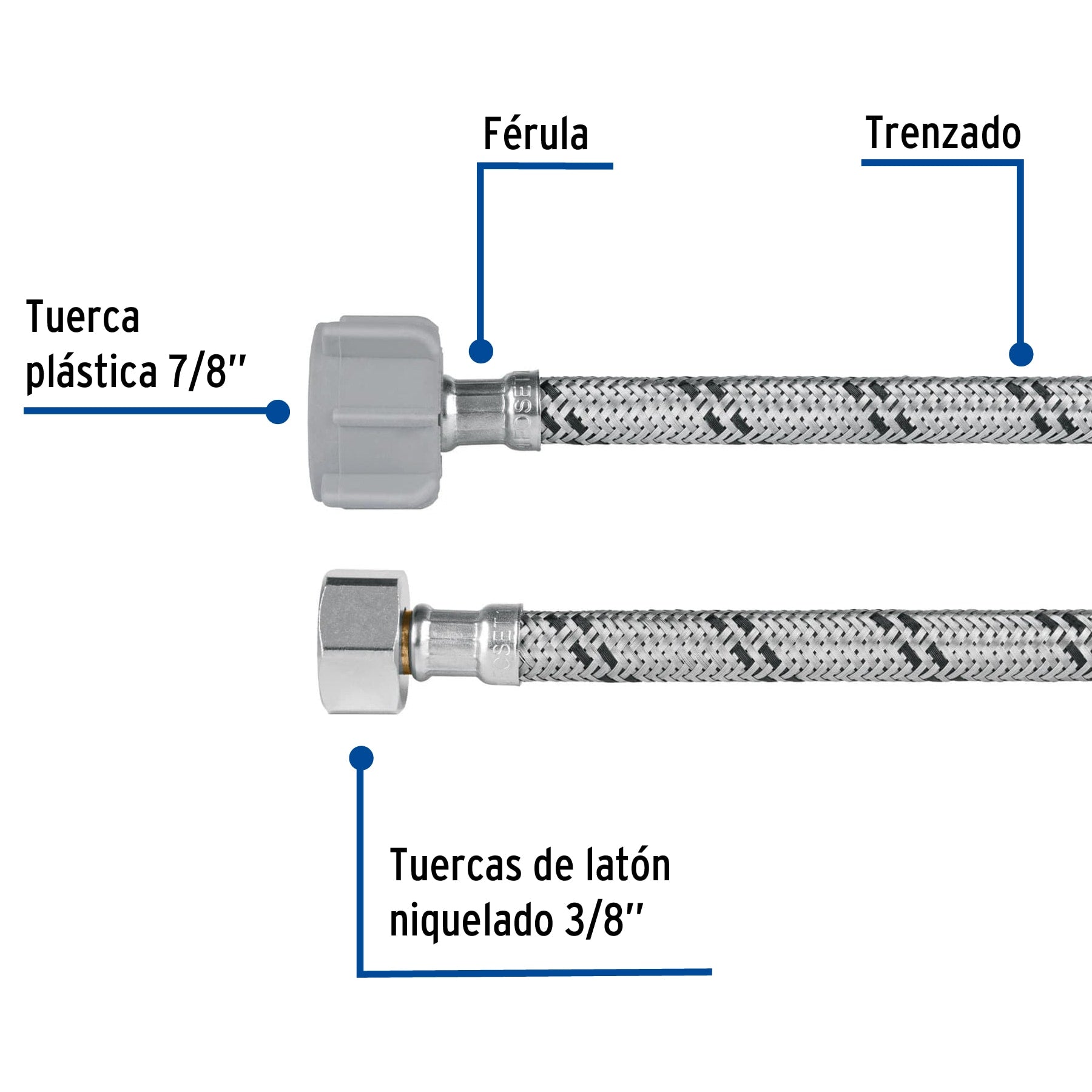 Manguera para WC, acero inoxidable 3/8"x7/8", 35cm, plástico/latón