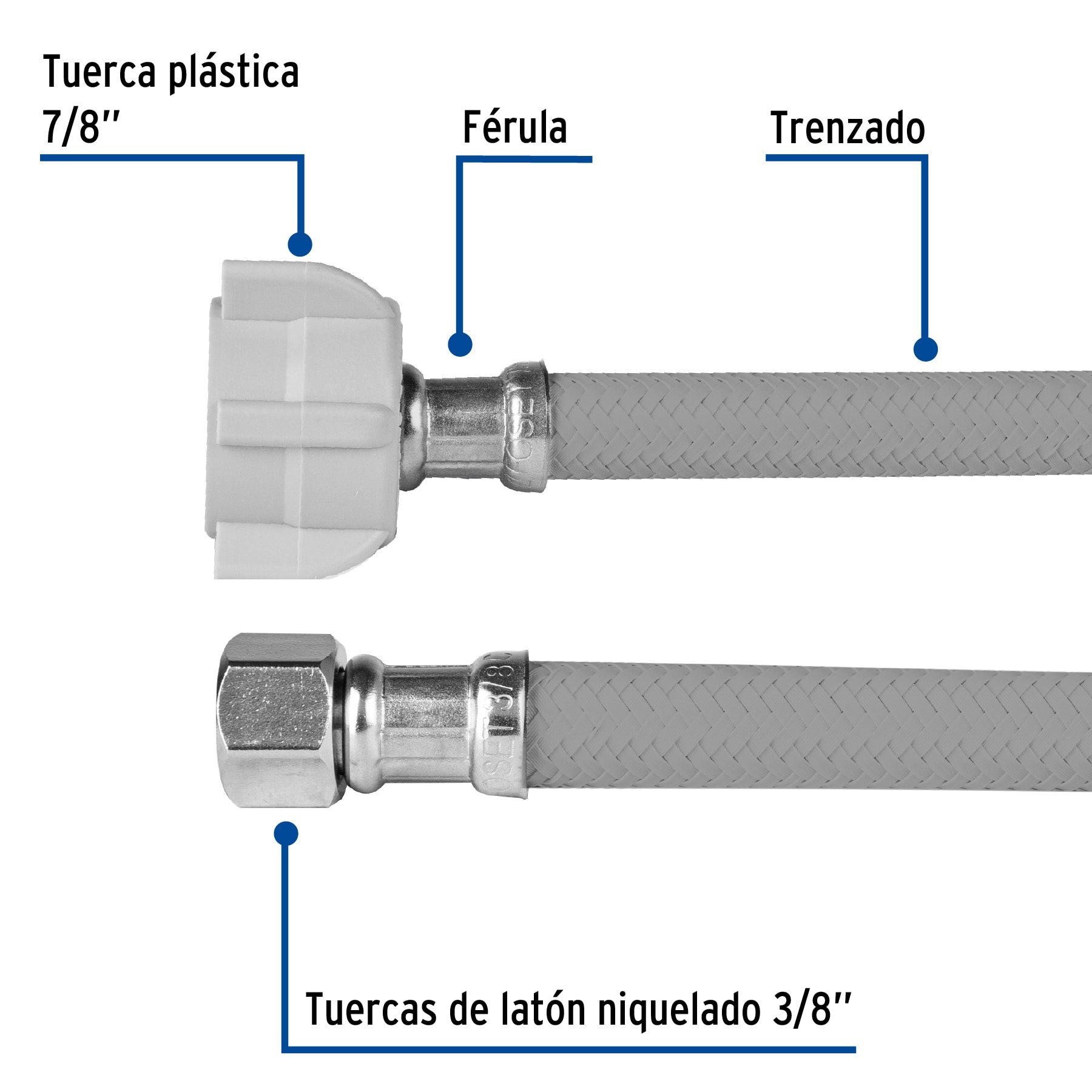 Manguera para WC, vinilo gris, 3/8"x7/8" , 40cm, plástico/latón