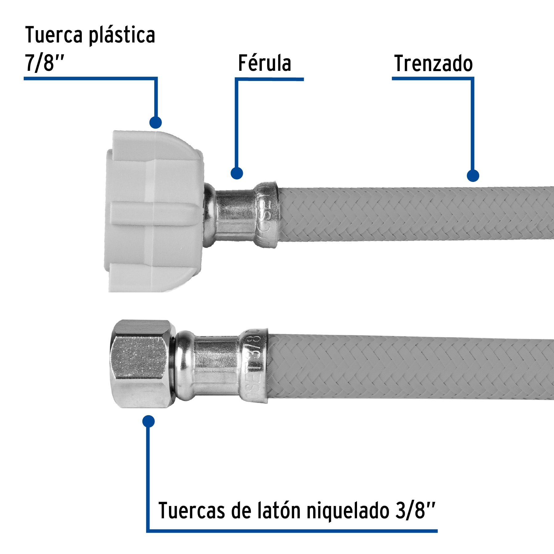 Manguera para WC, vinilo gris, 3/8"x7/8" , 50cm, plástico/latón