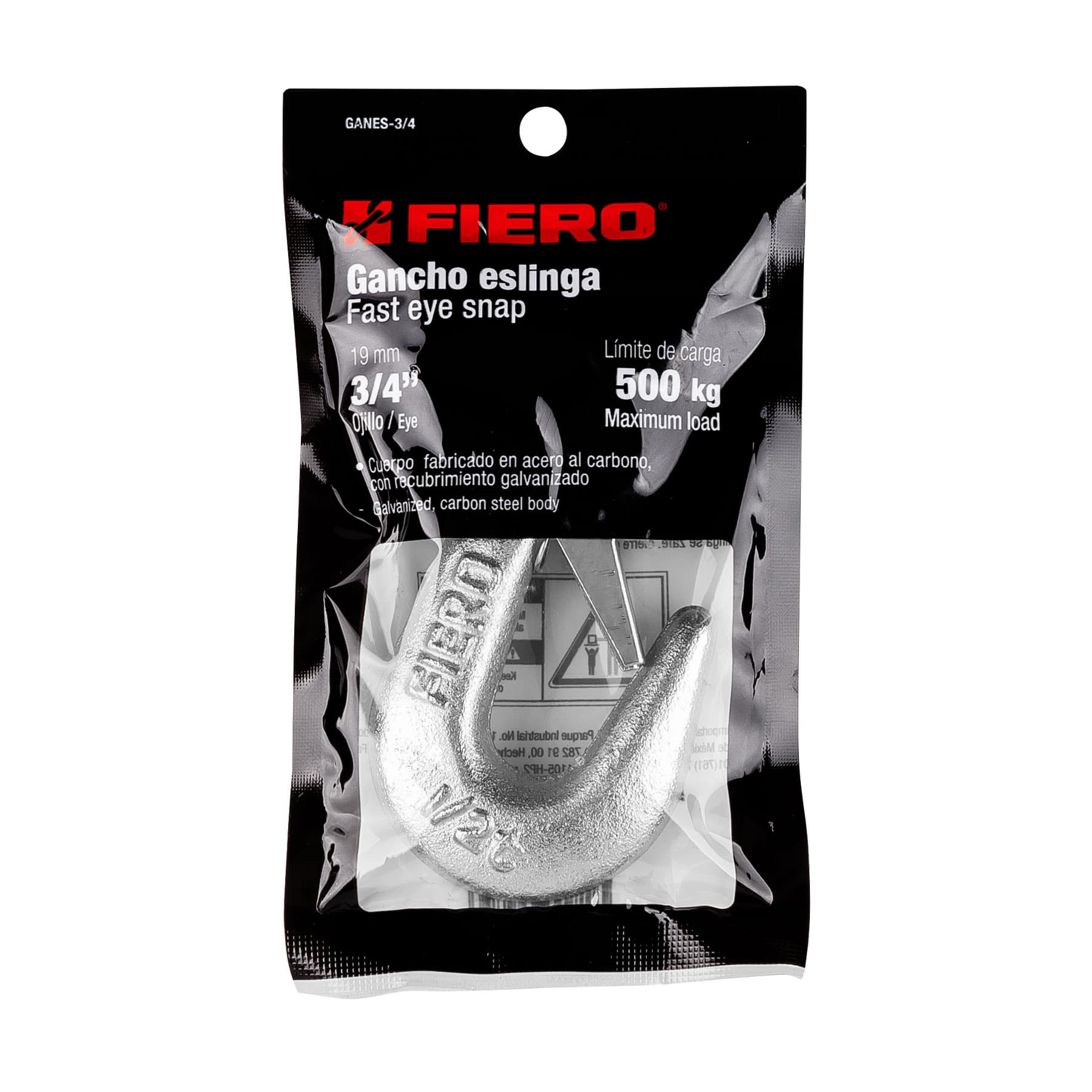 Gancho eslinga de acero forjado 3/4", carga 500 kg, Fiero