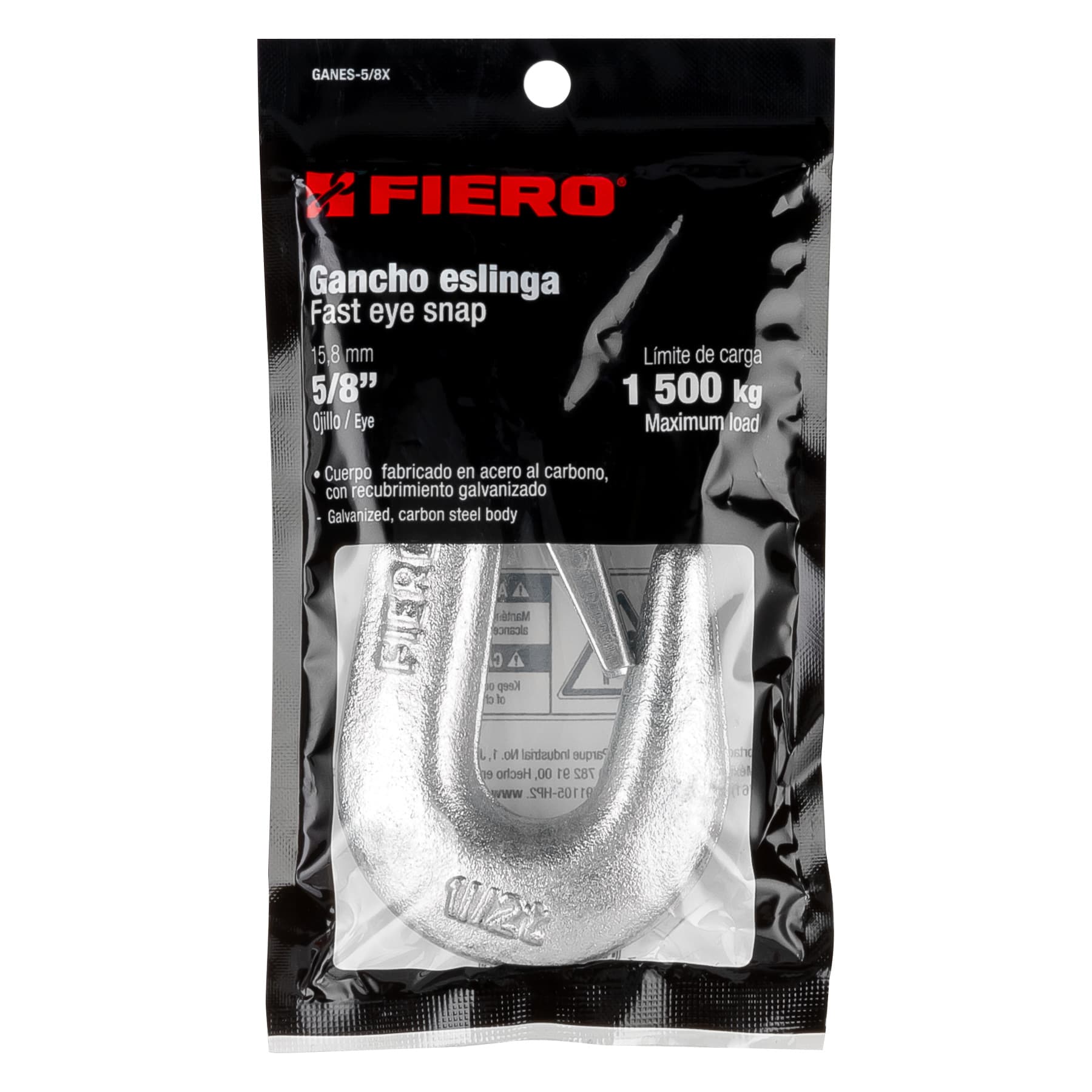 Gancho eslinga de acero forjado 5/8", carga 1500 kg, Fiero